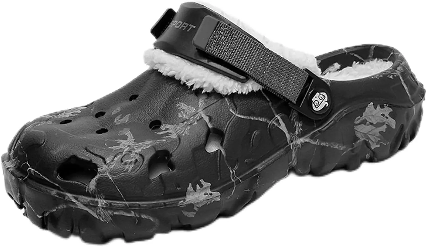 Mens Womens Lined Clog for Winter: Classic Print - Warm Fuzzy Home Slippers