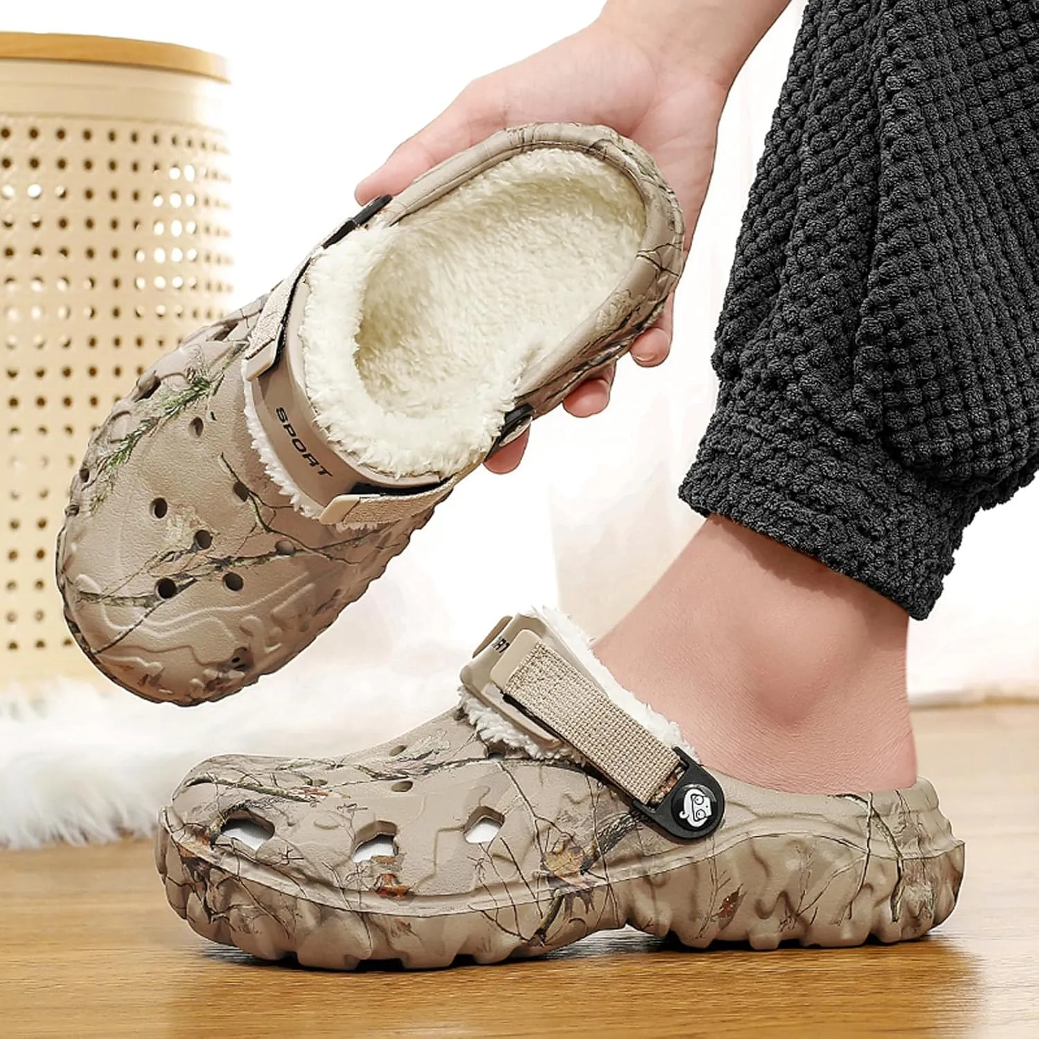 Mens Womens Lined Clog for Winter: Classic Print - Warm Fuzzy Home Slippers