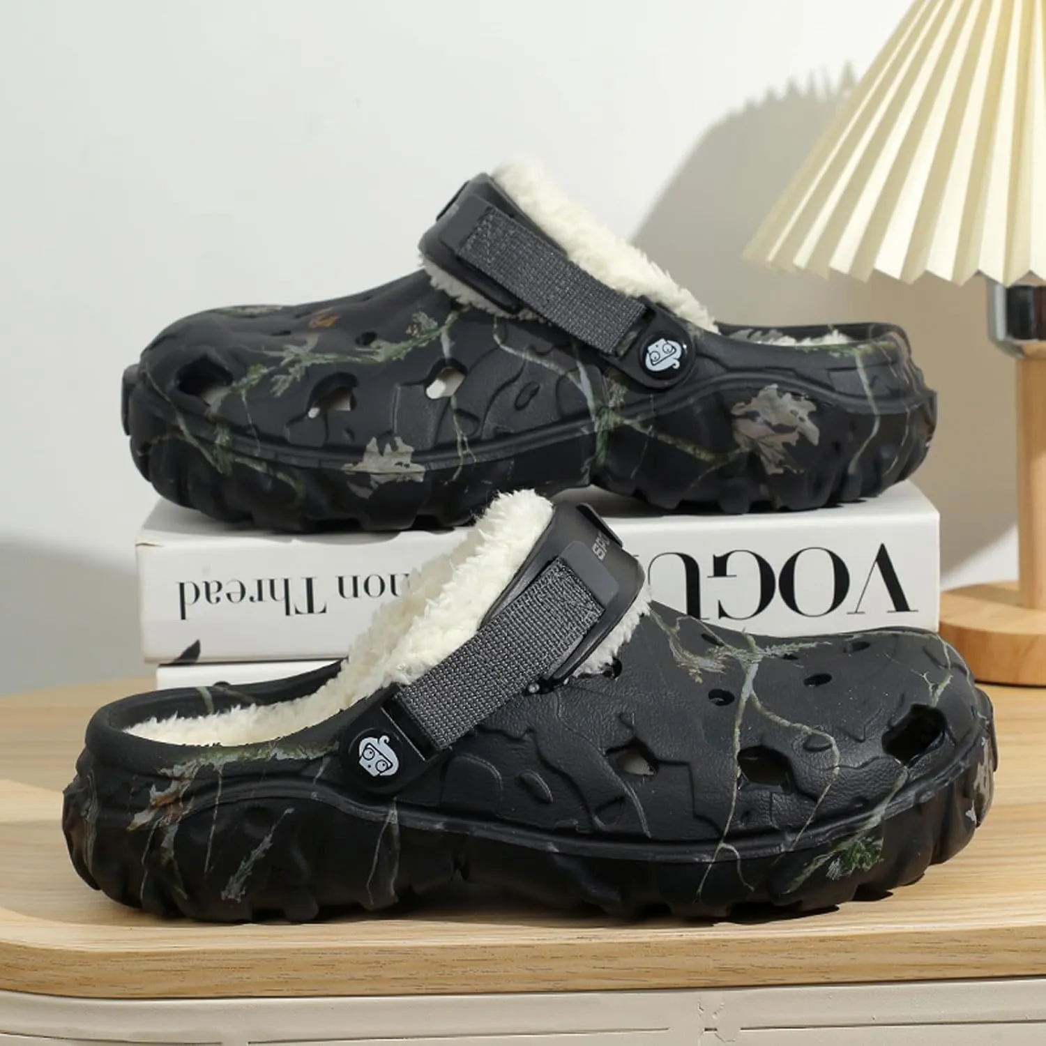 Mens Womens Lined Clog for Winter: Classic Print - Warm Fuzzy Home Slippers