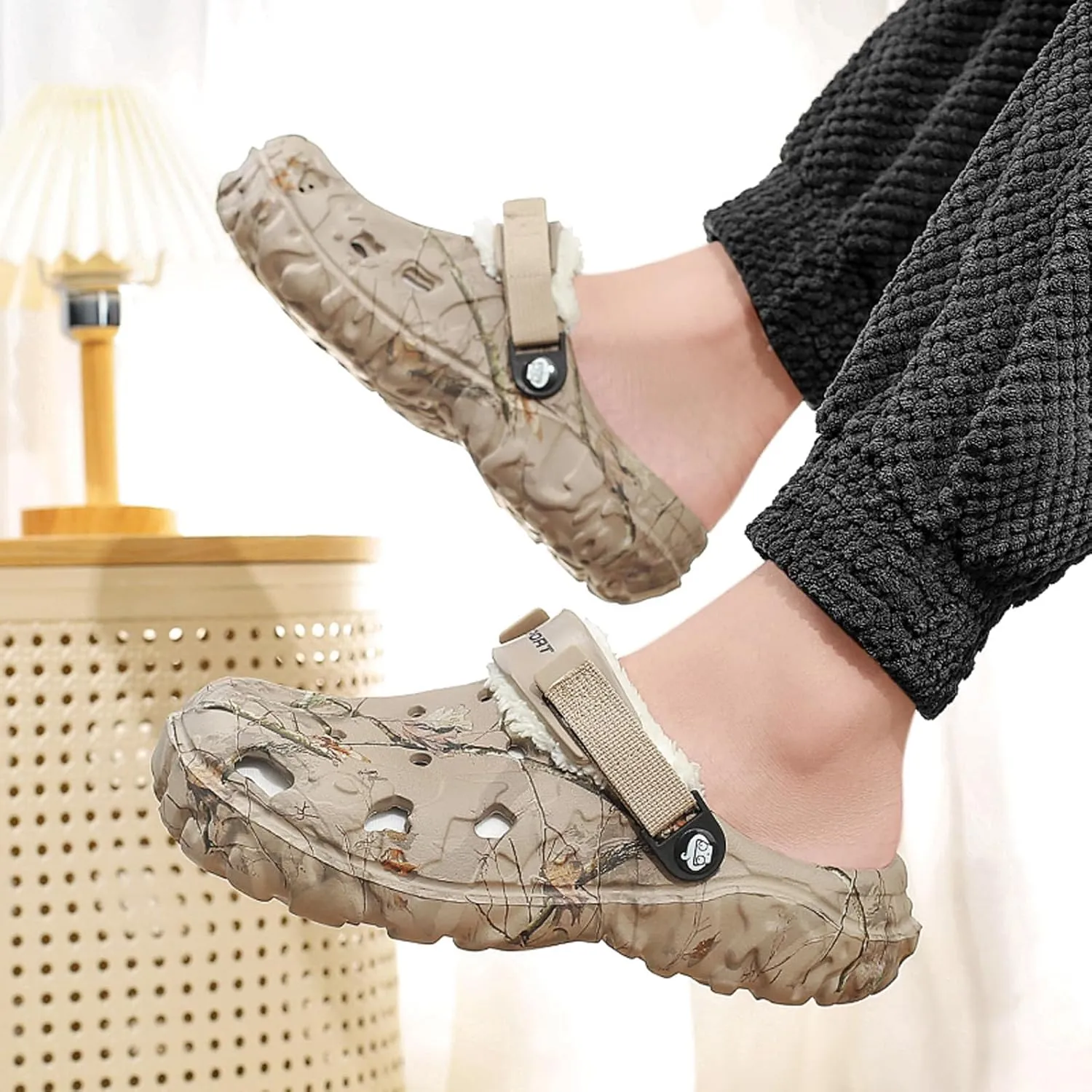 Mens Womens Lined Clog for Winter: Classic Print - Warm Fuzzy Home Slippers