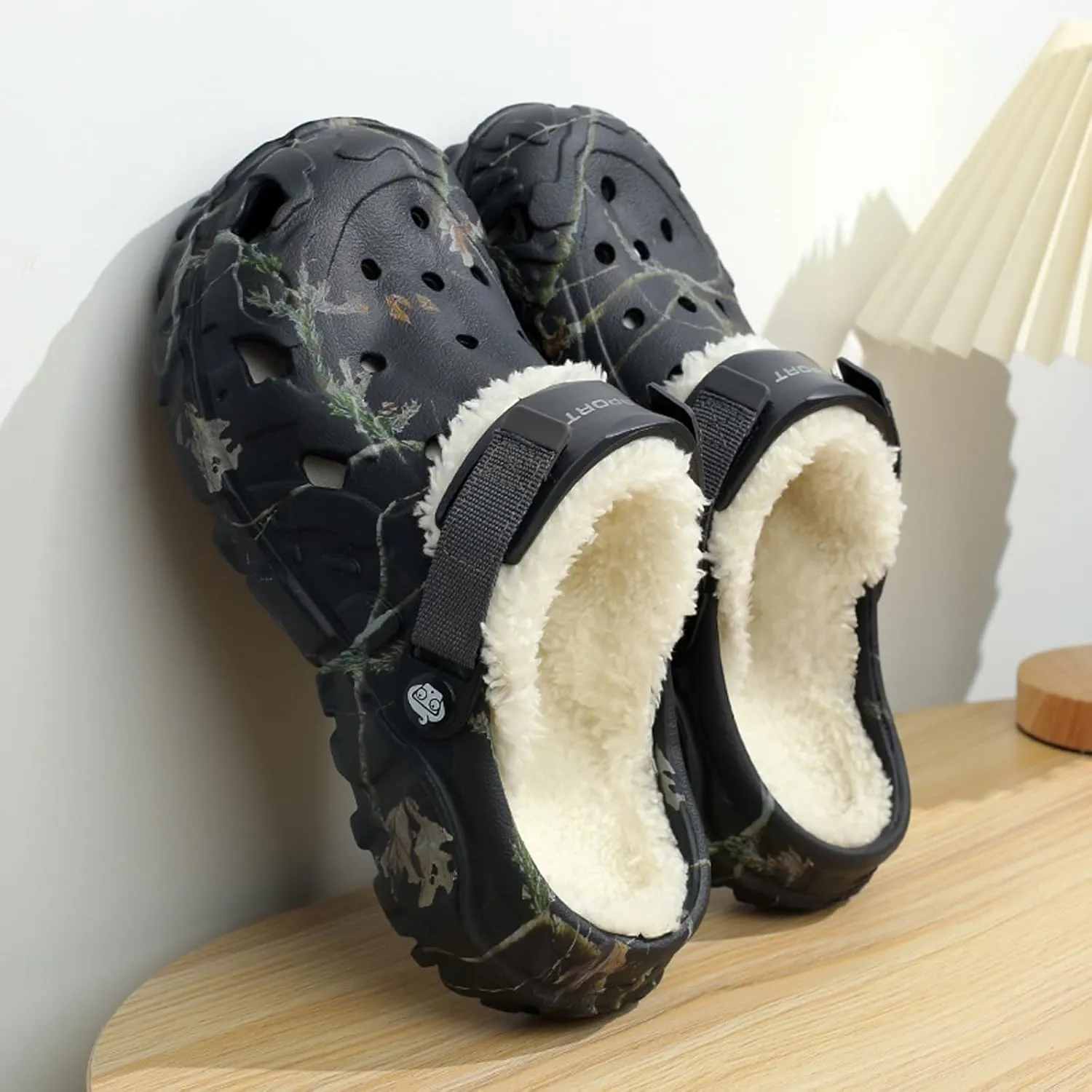 Mens Womens Lined Clog for Winter: Classic Print - Warm Fuzzy Home Slippers