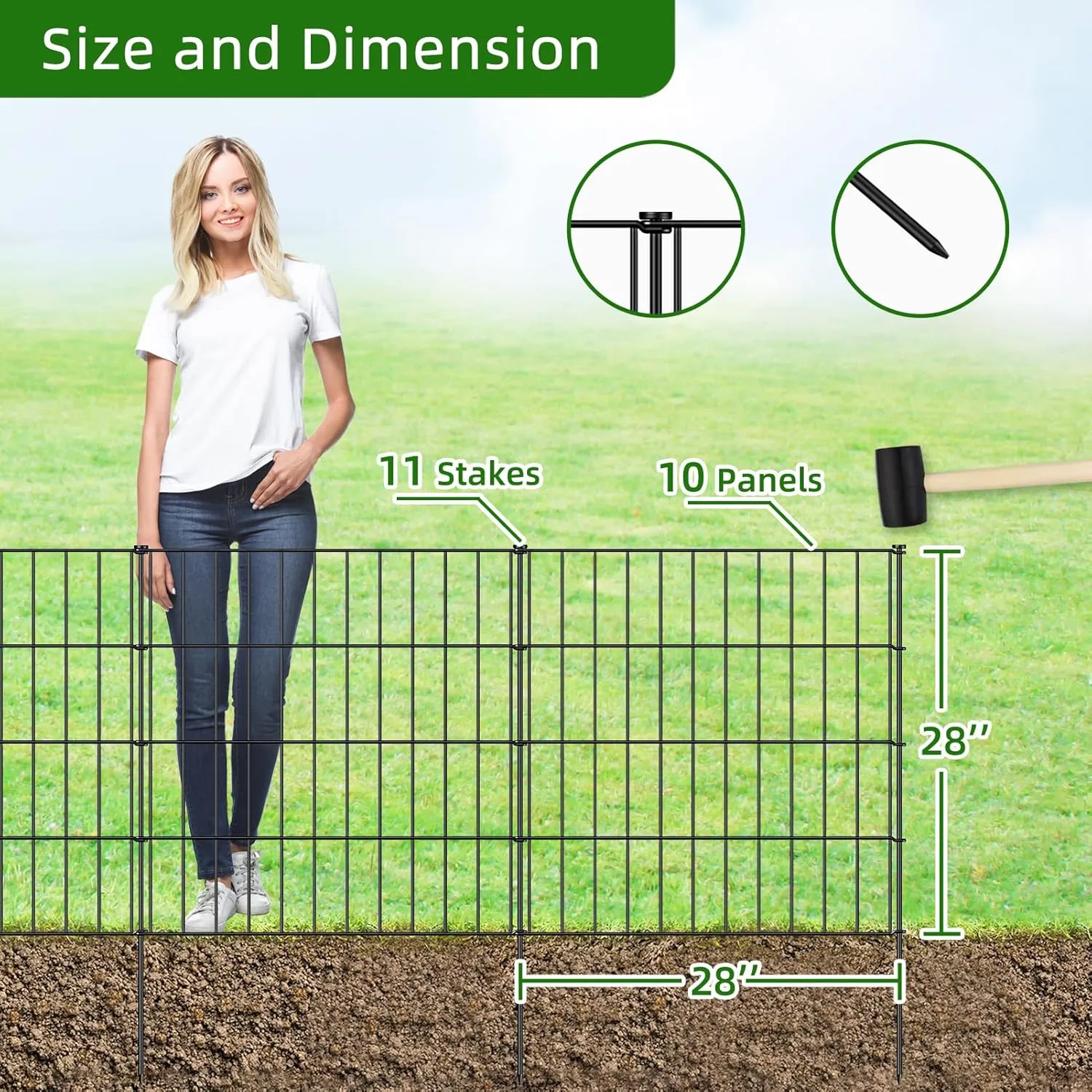 Metal Garden Fence 28in (H) x 23.3ft (L), 10 Panels   11 Stakes Dog Fence Border Fence Animal Barrier, No Dig Garden Fencing for Yard Flower Bed Lawn Patio Outdoor, PIN282810 Black