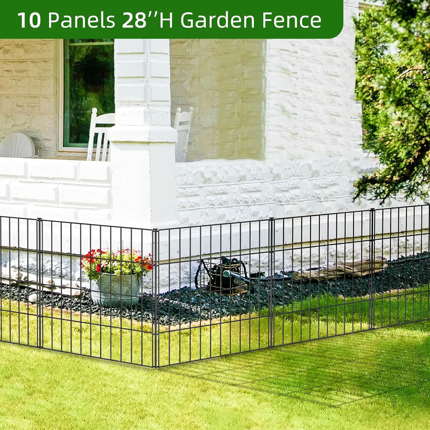 Metal Garden Fence 28in (H) x 23.3ft (L), 10 Panels   11 Stakes Dog Fence Border Fence Animal Barrier, No Dig Garden Fencing for Yard Flower Bed Lawn Patio Outdoor, PIN282810 Black