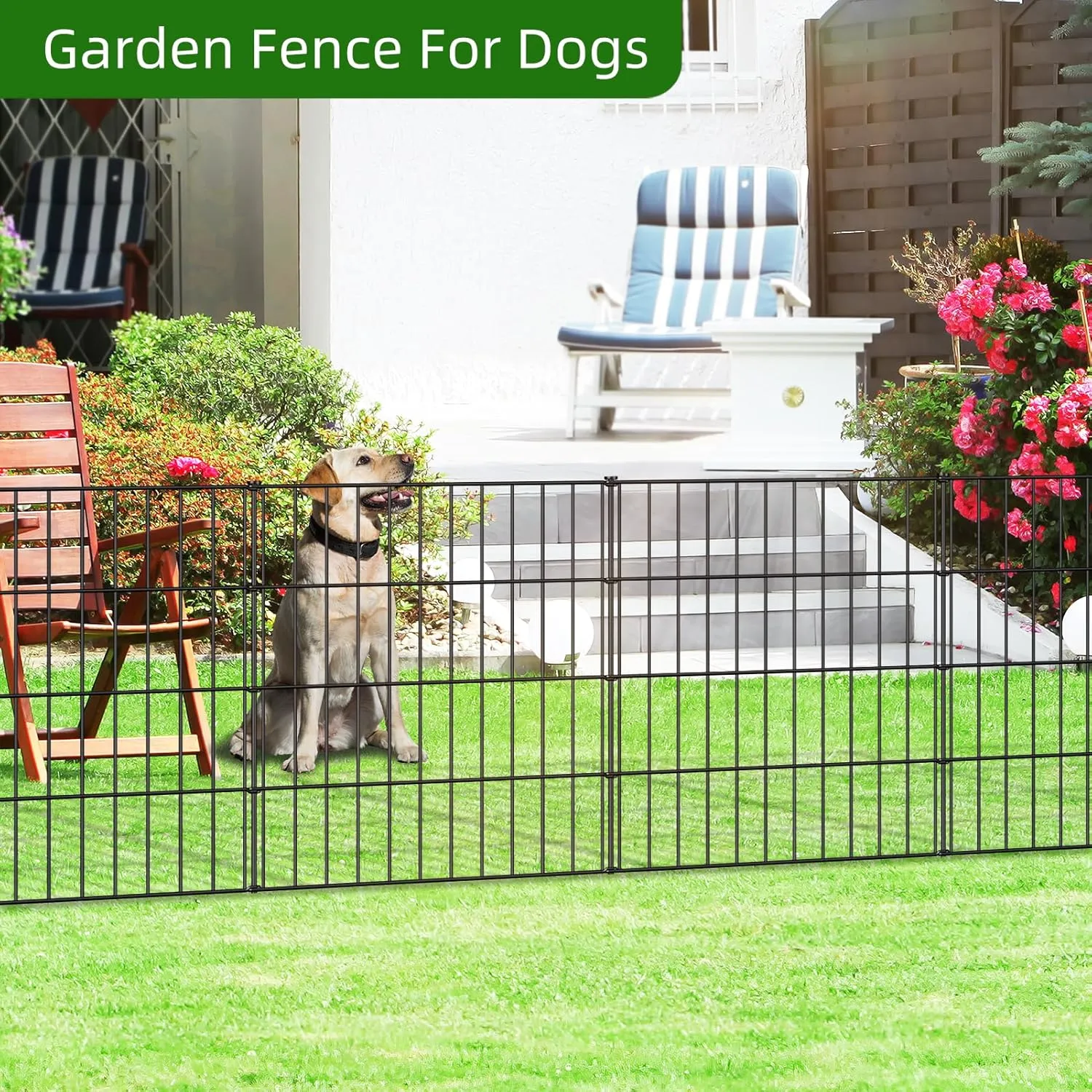 Metal Garden Fence 28in (H) x 23.3ft (L), 10 Panels   11 Stakes Dog Fence Border Fence Animal Barrier, No Dig Garden Fencing for Yard Flower Bed Lawn Patio Outdoor, PIN282810 Black
