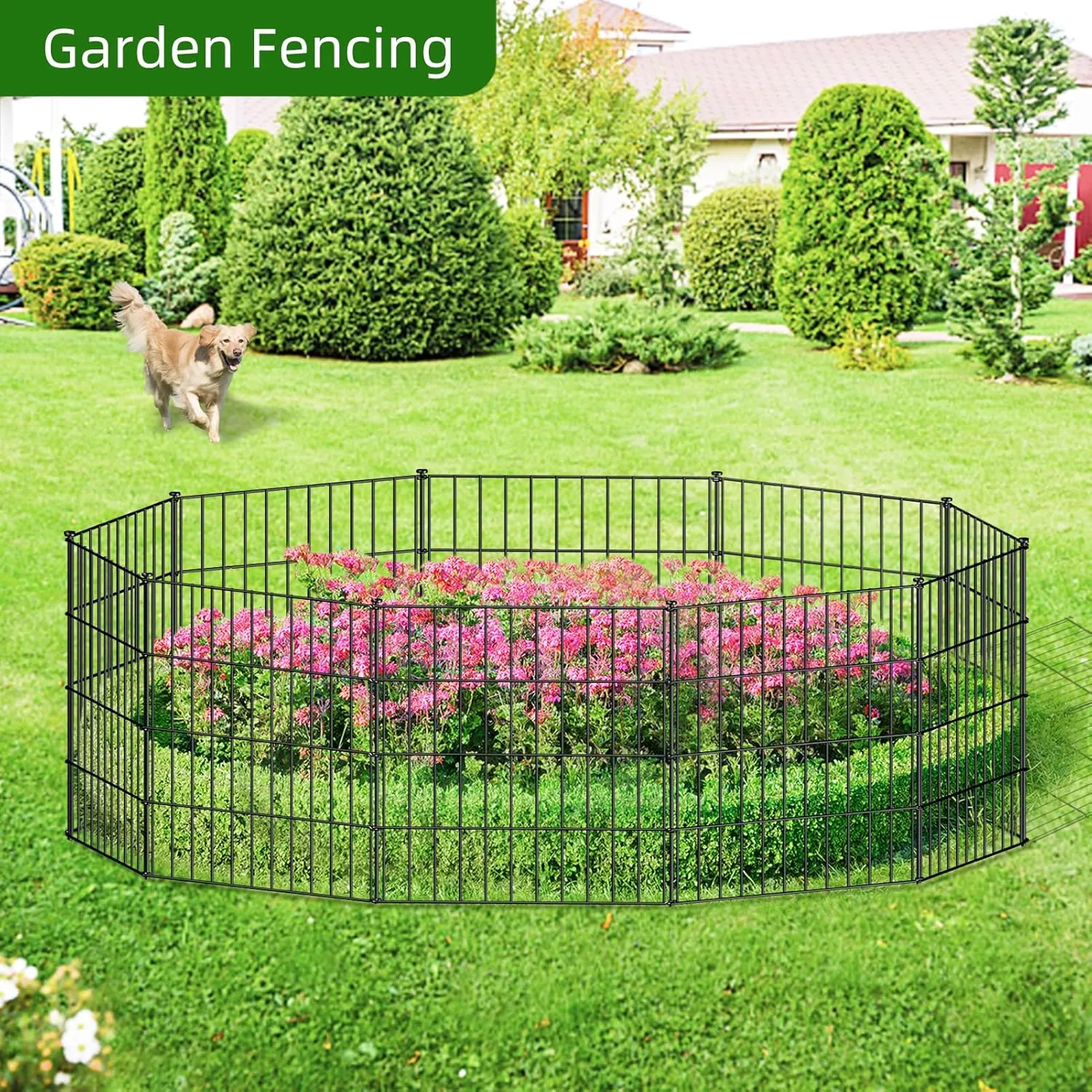 Metal Garden Fence 28in (H) x 23.3ft (L), 10 Panels   11 Stakes Dog Fence Border Fence Animal Barrier, No Dig Garden Fencing for Yard Flower Bed Lawn Patio Outdoor, PIN282810 Black