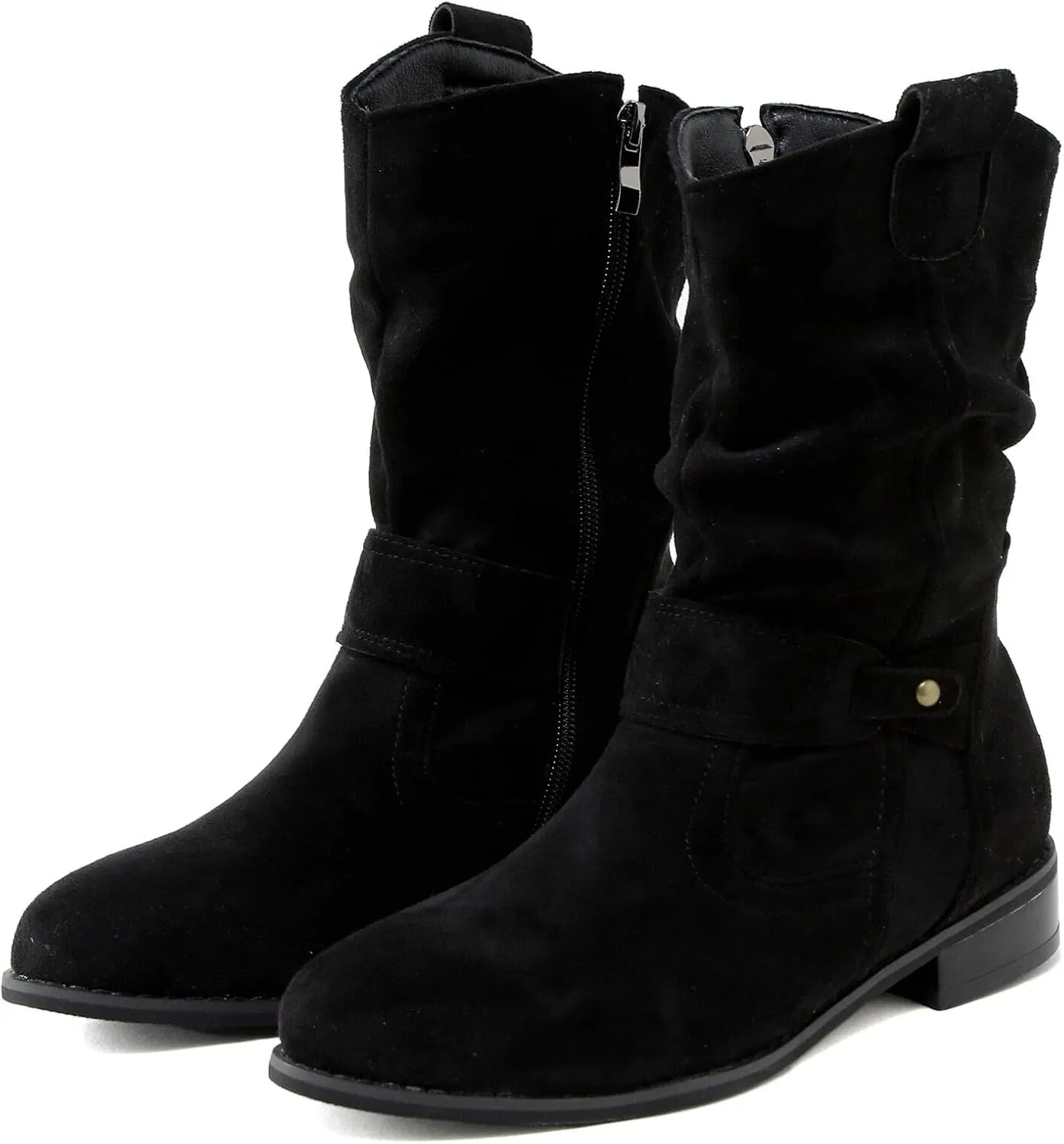 Mid Calf Boots Low Heel Boots for Women ，Low Heel Breathable Winter Zipper Booties，Fashionable Classic Black Ankle Boots
