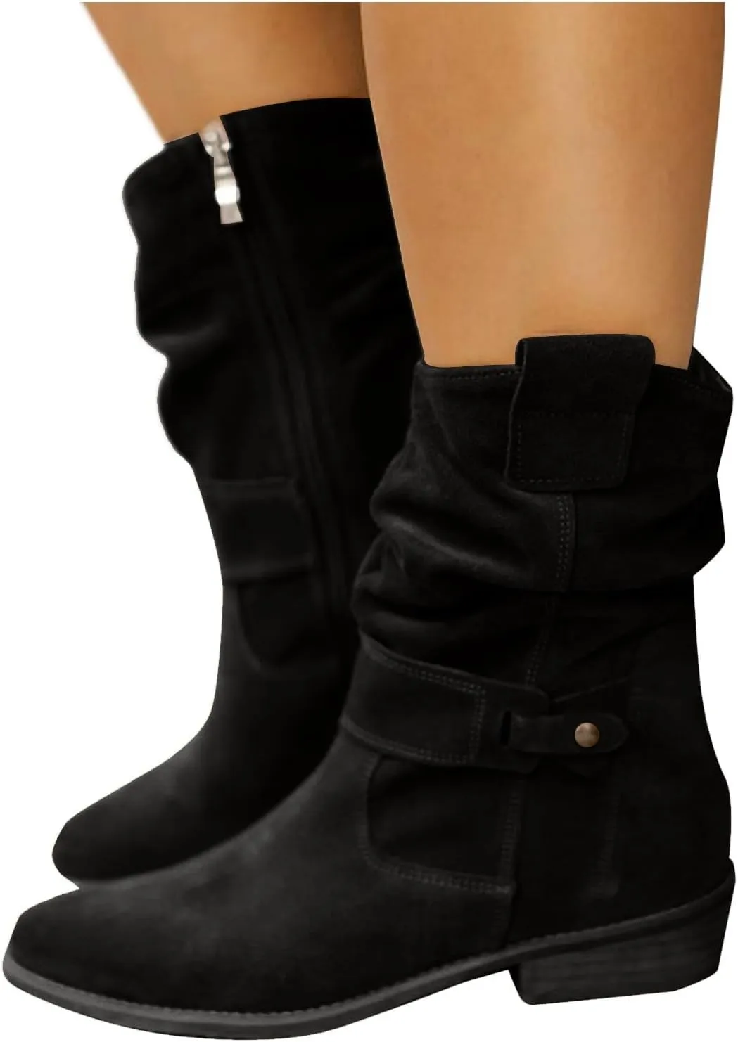 Mid Calf Boots Low Heel Boots for Women ，Low Heel Breathable Winter Zipper Booties，Fashionable Classic Black Ankle Boots