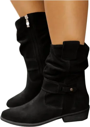 Mid Calf Boots Low Heel Boots for Women ，Low Heel Breathable Winter Zipper Booties，Fashionable Classic Black Ankle Boots