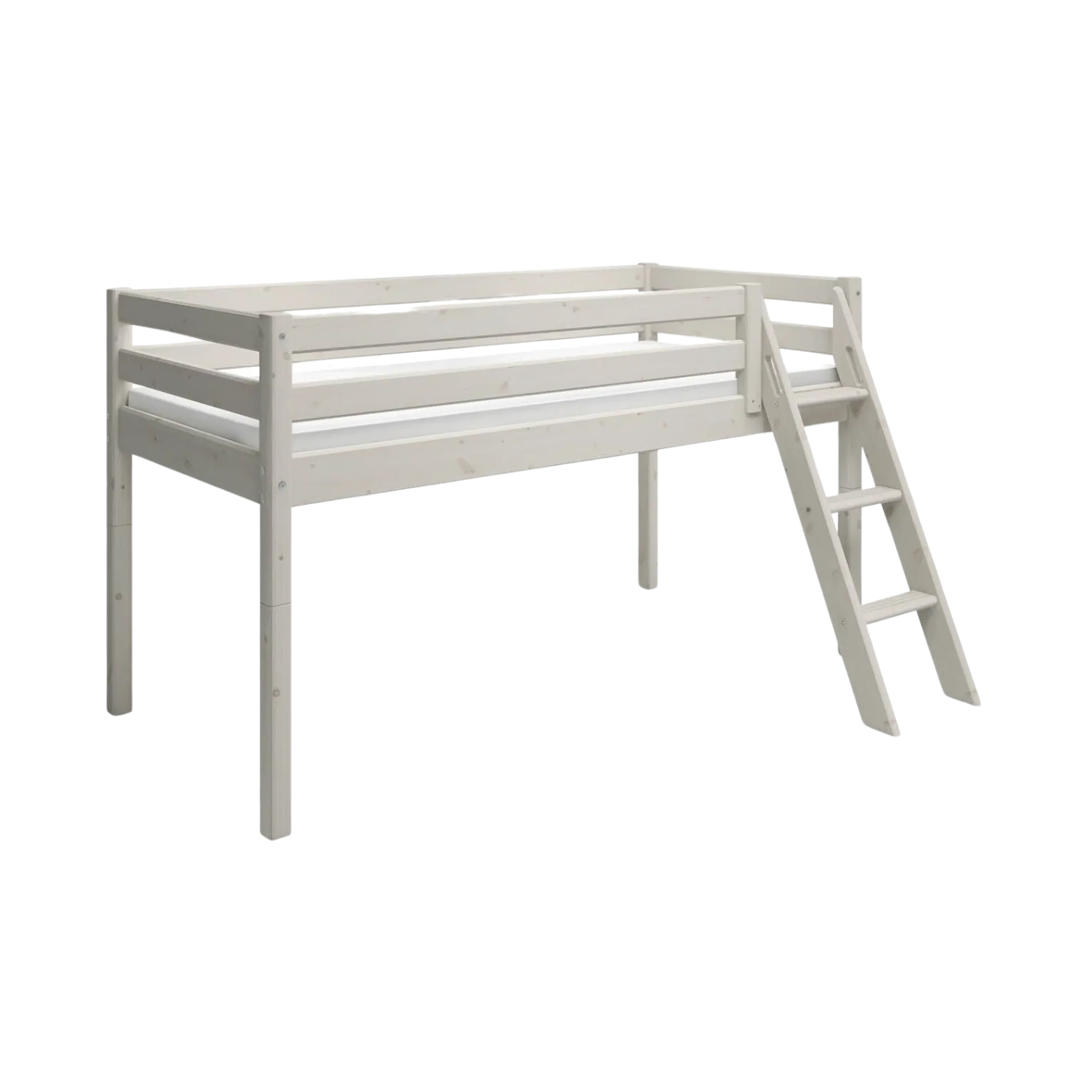 Mid-High Bed with Ladder and Safety Rail, 90x200 cm, White