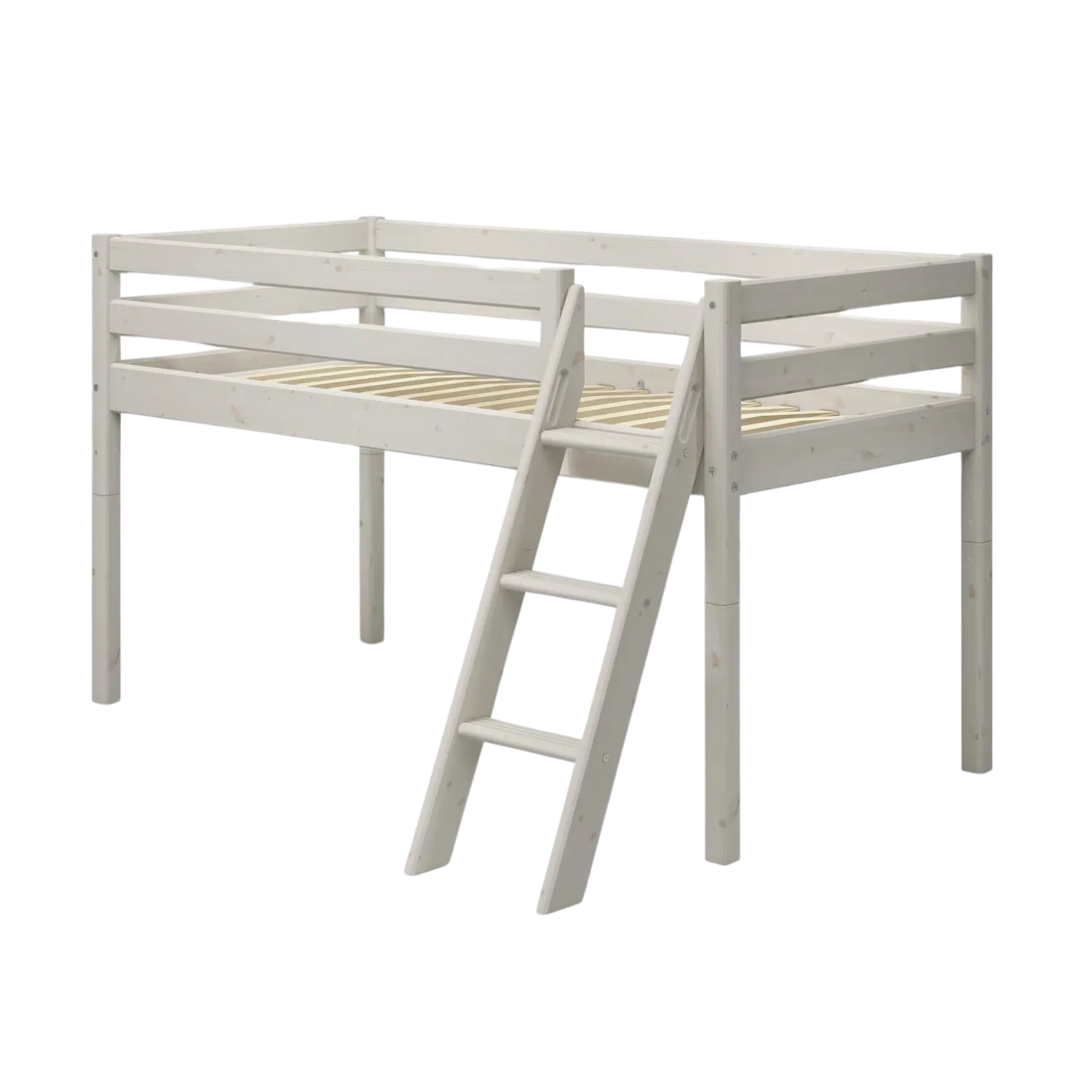 Mid-High Bed with Ladder and Safety Rail, 90x200 cm, White