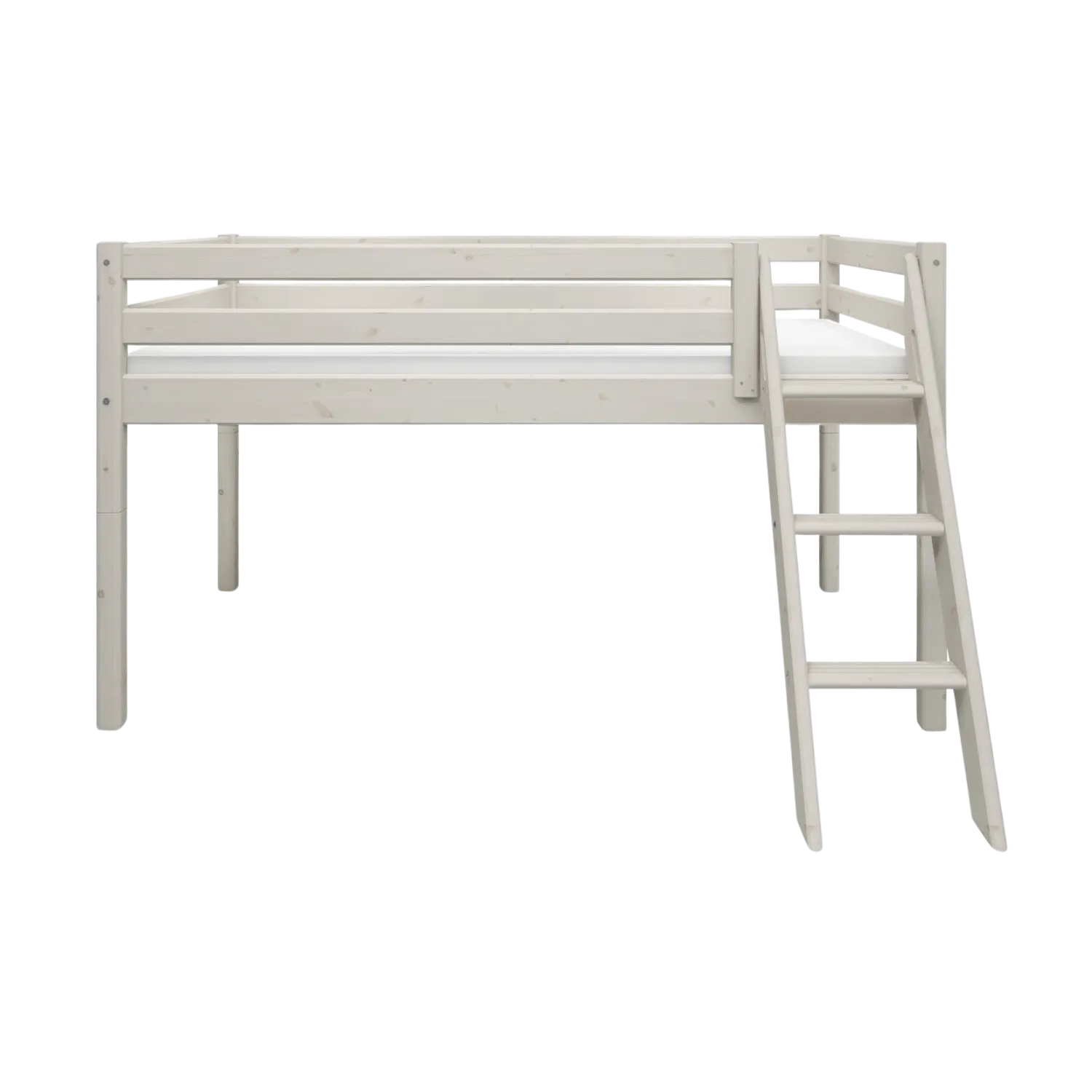 Mid-High Bed with Ladder and Safety Rail, 90x200 cm, White