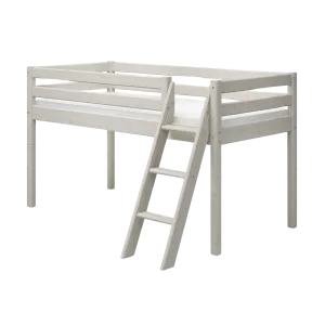 Mid-High Bed with Ladder and Safety Rail, 90x200 cm, White