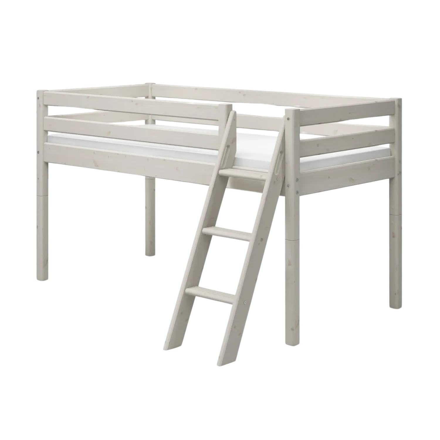 Mid-High Bed with Ladder and Safety Rail, 90x200 cm, White