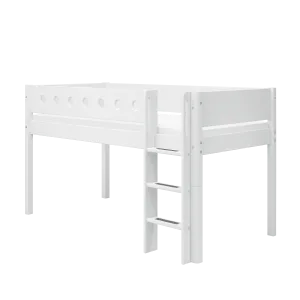 Mid-High Bed with Ladder and Safety Rail, 90x200 cm, White