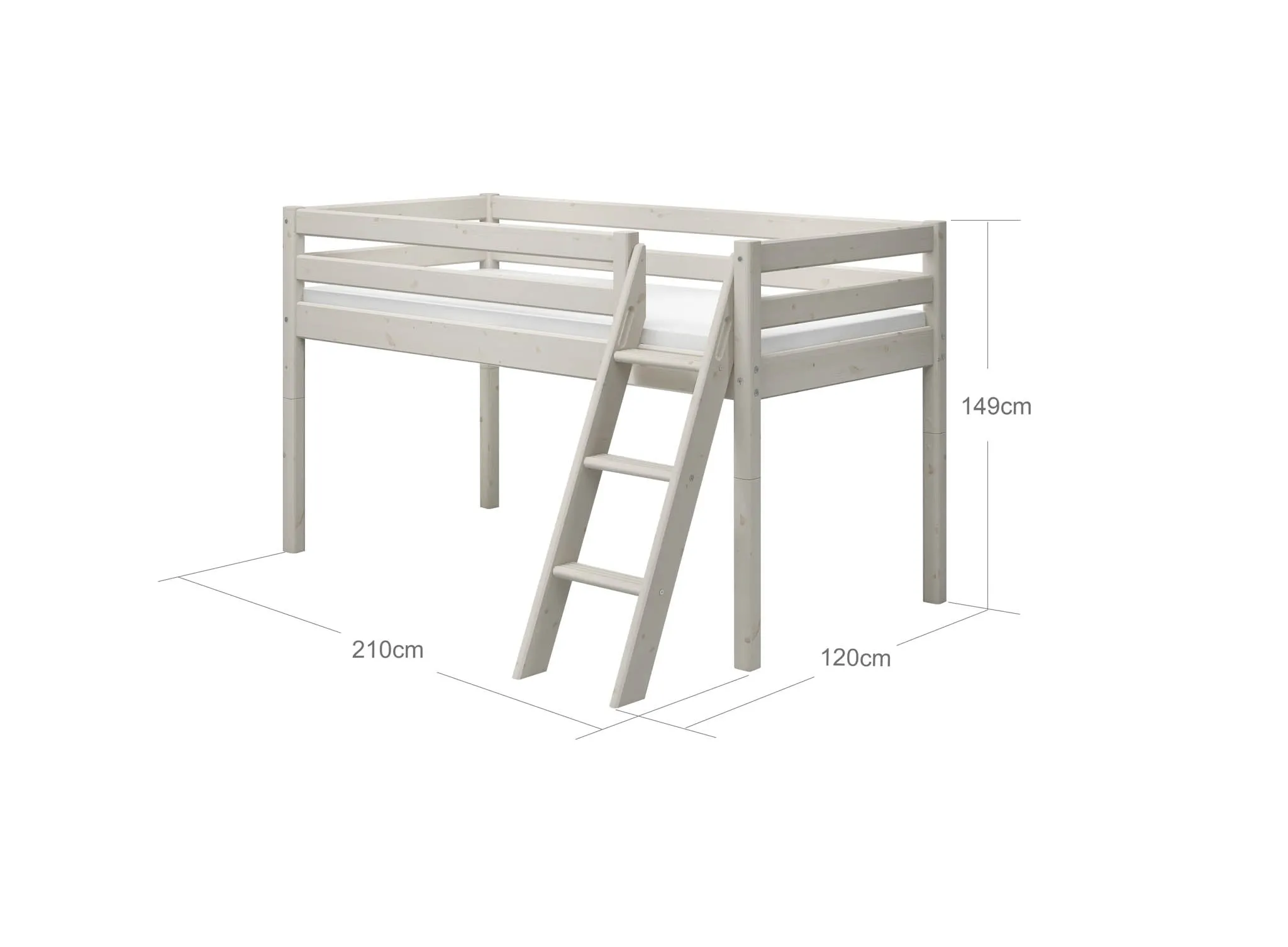 Mid-High Bed with Ladder and Safety Rail, 90x200 cm, White