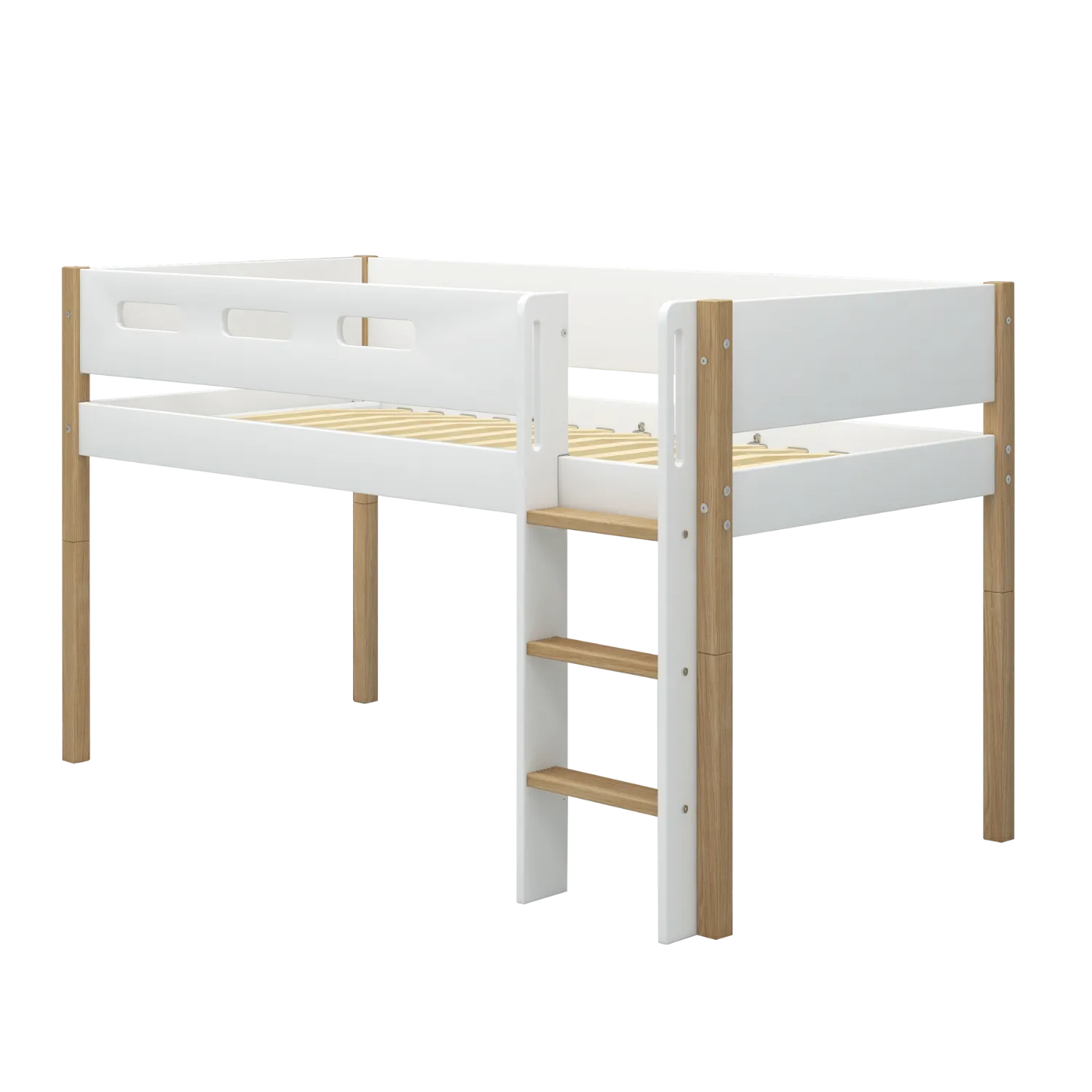Mid-High Bed with Ladder and Safety Rail, 90x200 cm, White/Oak