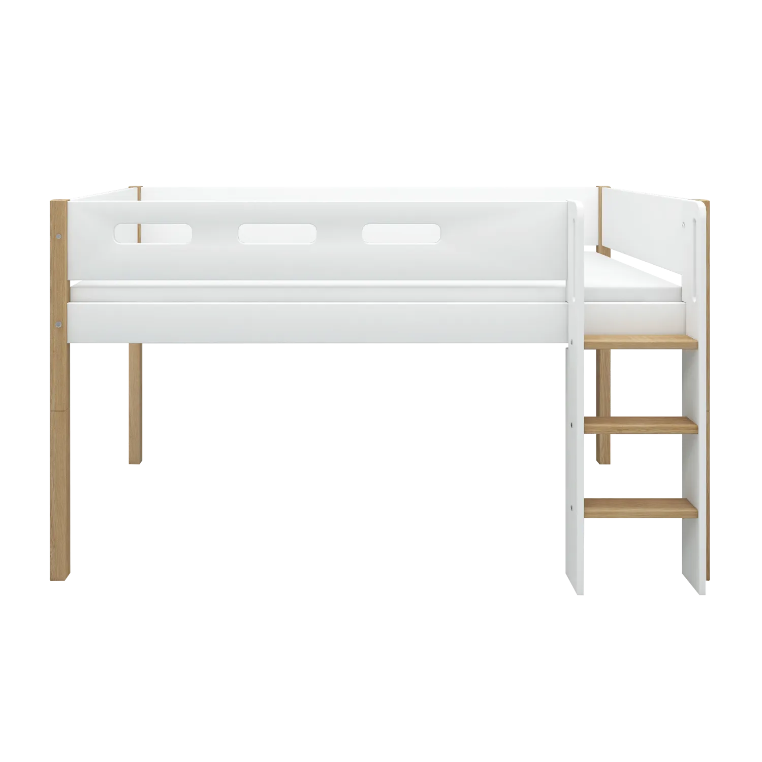 Mid-High Bed with Ladder and Safety Rail, 90x200 cm, White/Oak