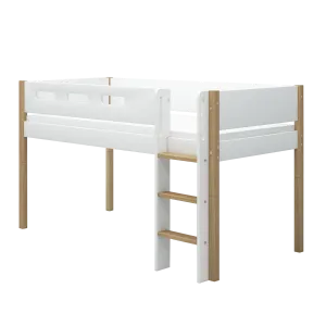 Mid-High Bed with Ladder and Safety Rail, 90x200 cm, White/Oak