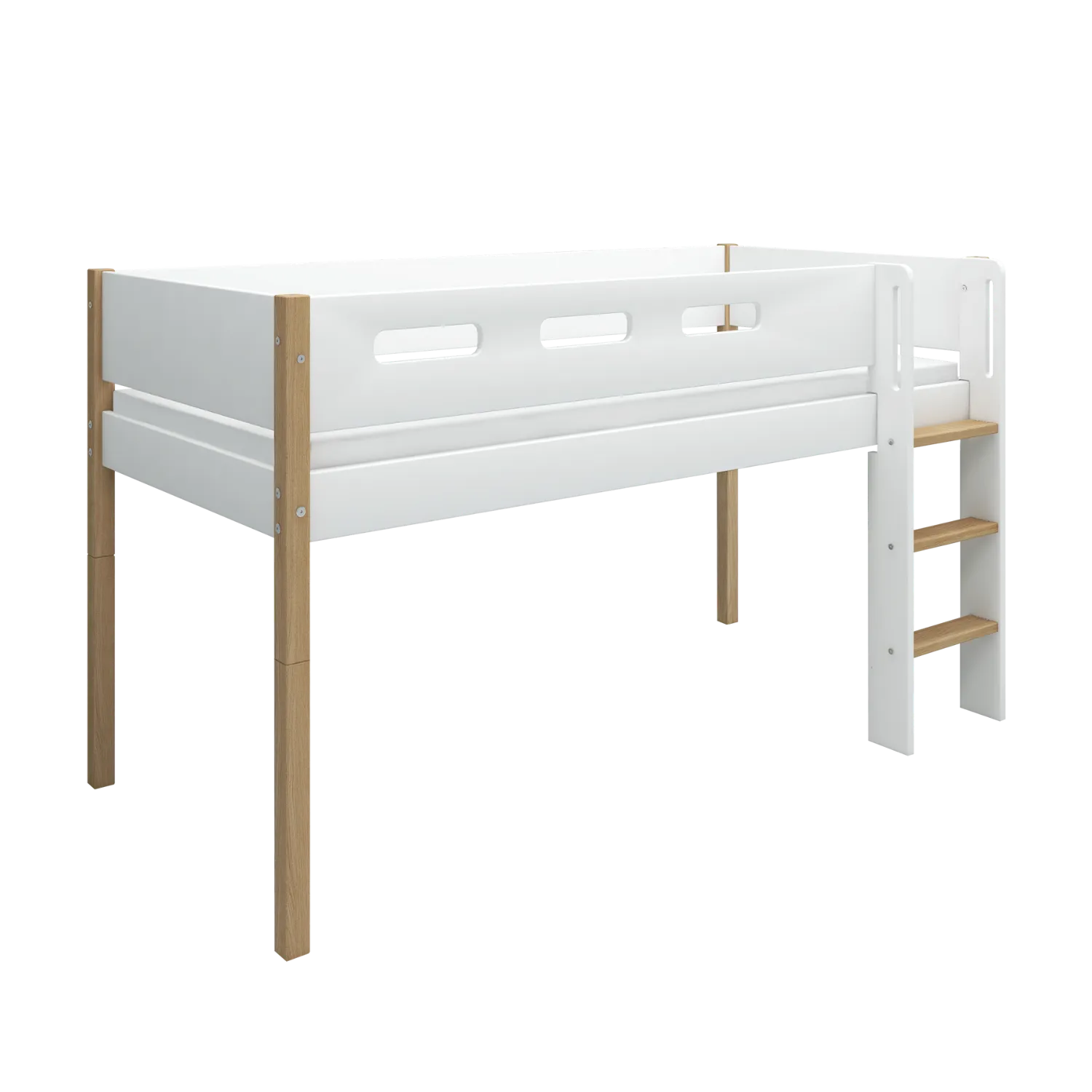 Mid-High Bed with Ladder and Safety Rail, 90x200 cm, White/Oak