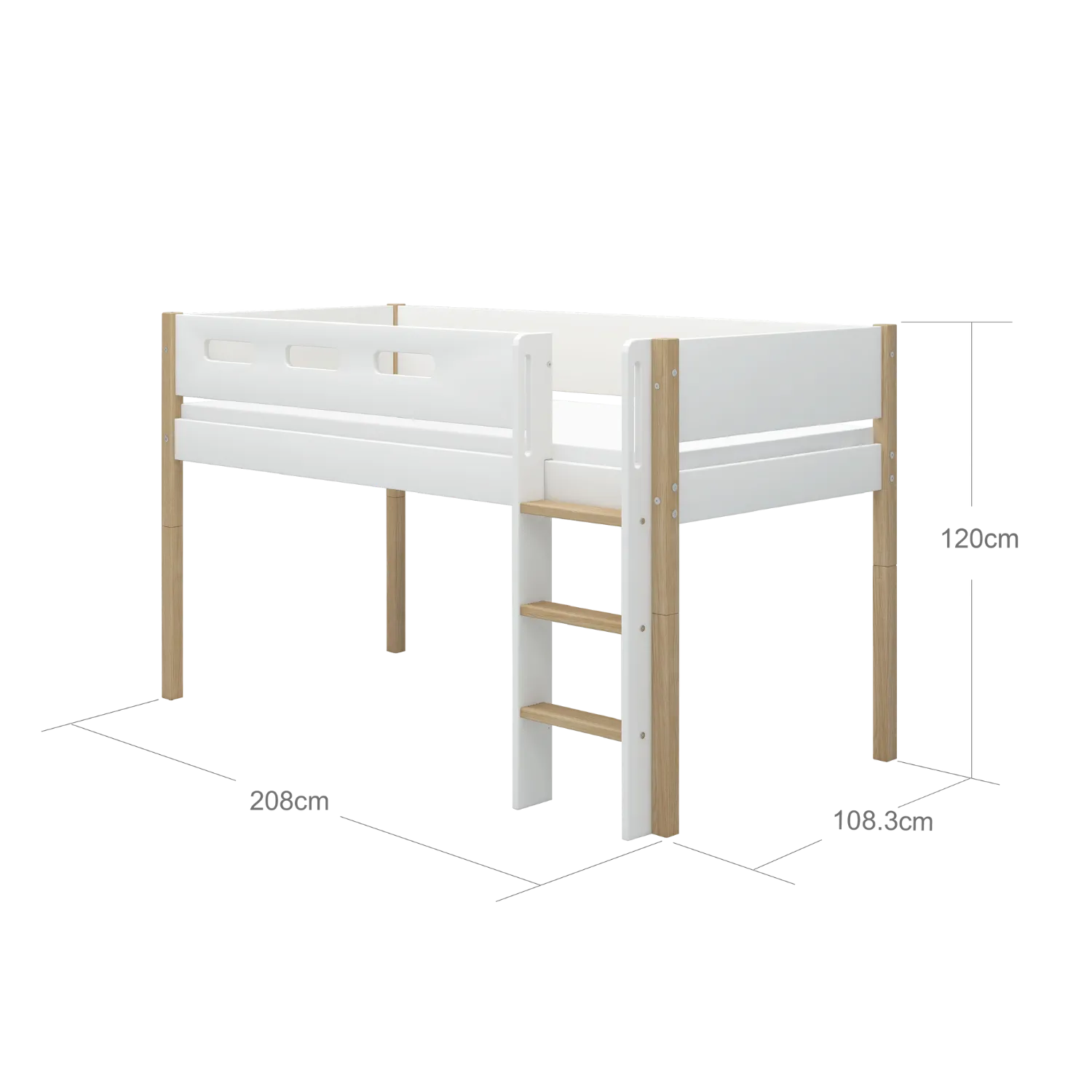 Mid-High Bed with Ladder and Safety Rail, 90x200 cm, White/Oak