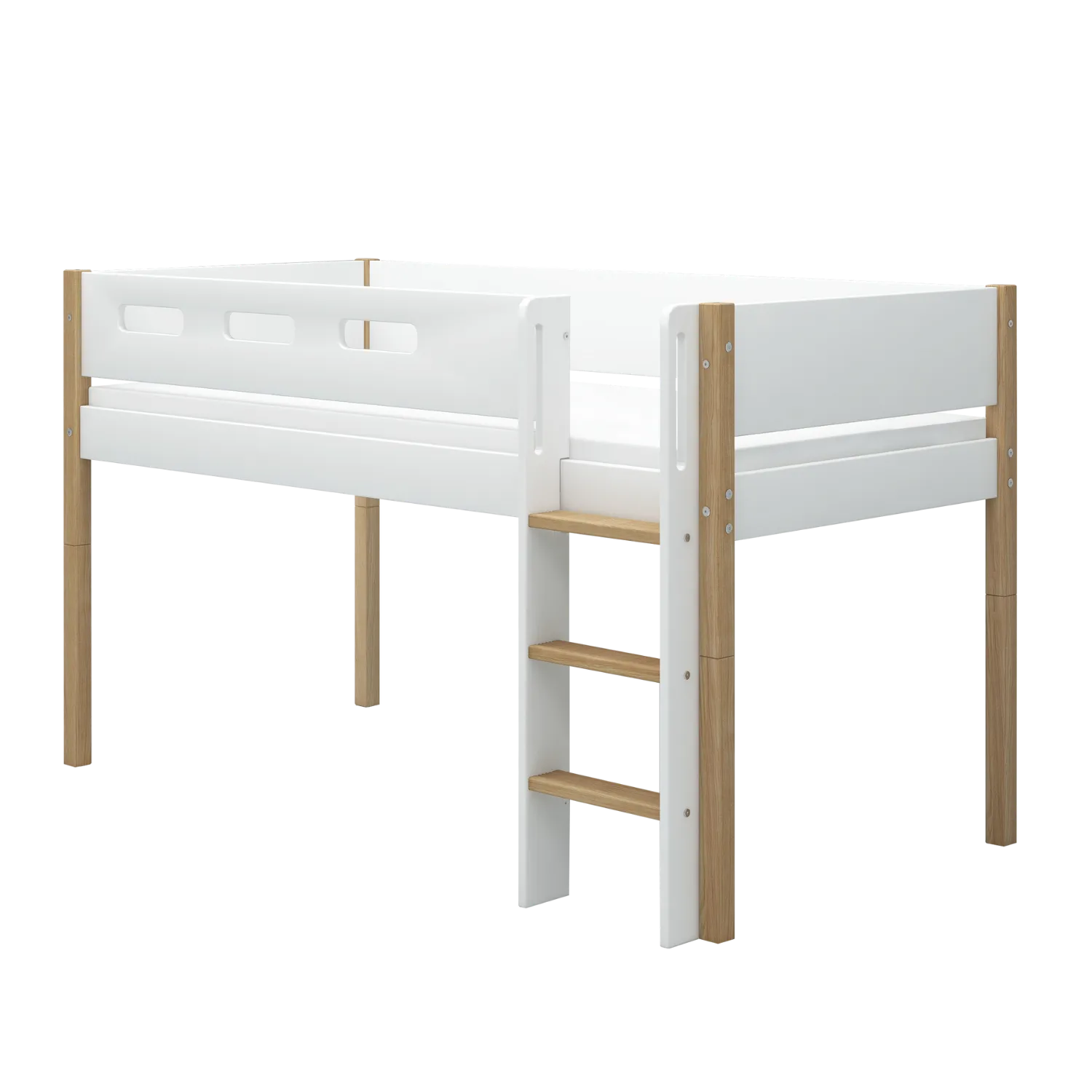 Mid-High Bed with Ladder and Safety Rail, 90x200 cm, White/Oak