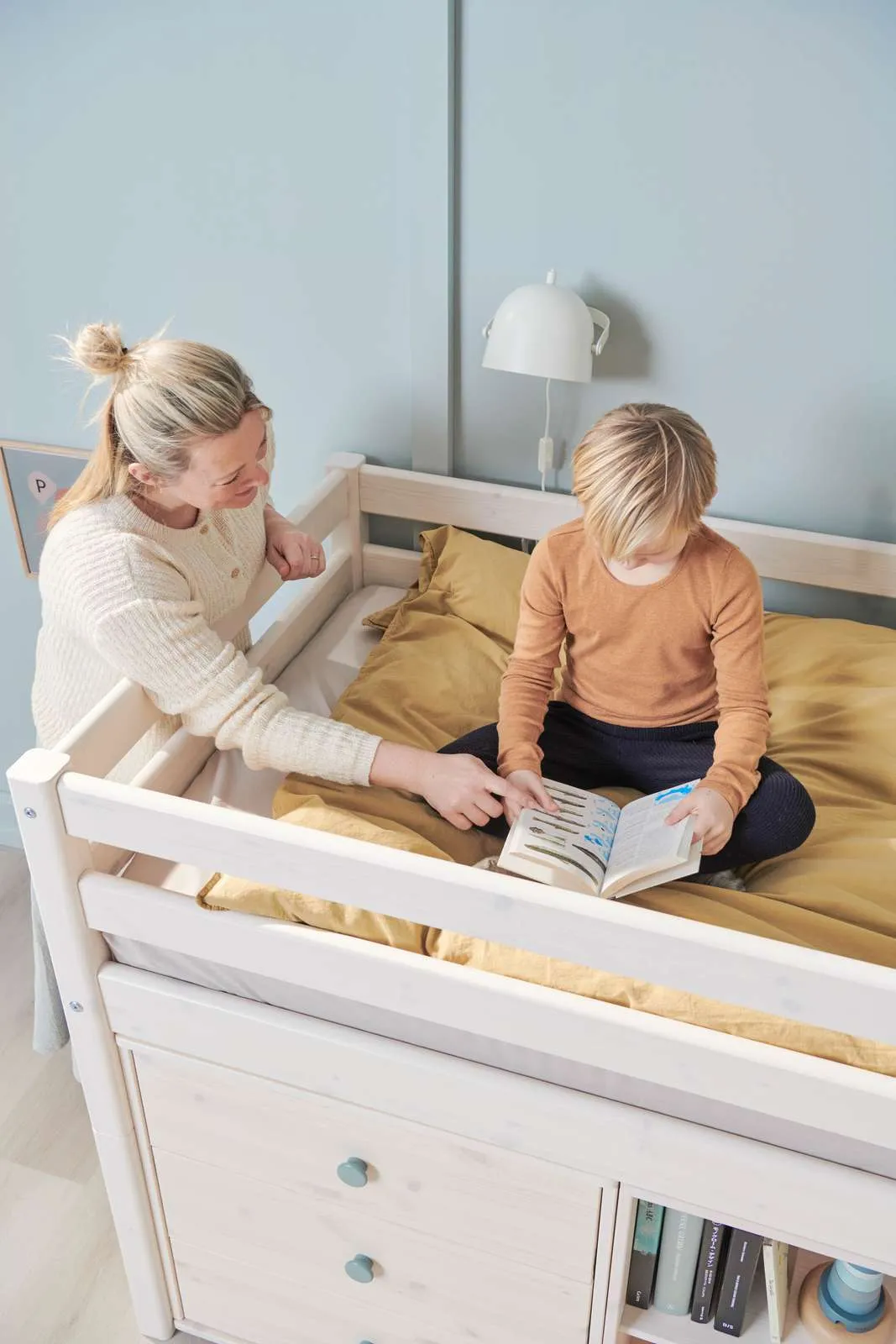 Mid-High Bed with Safety Rail and Ladder, 90x200 cm, White