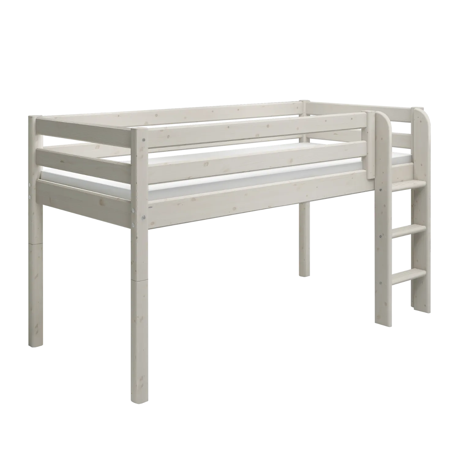 Mid-High Bed with Safety Rail and Ladder, 90x200 cm, White