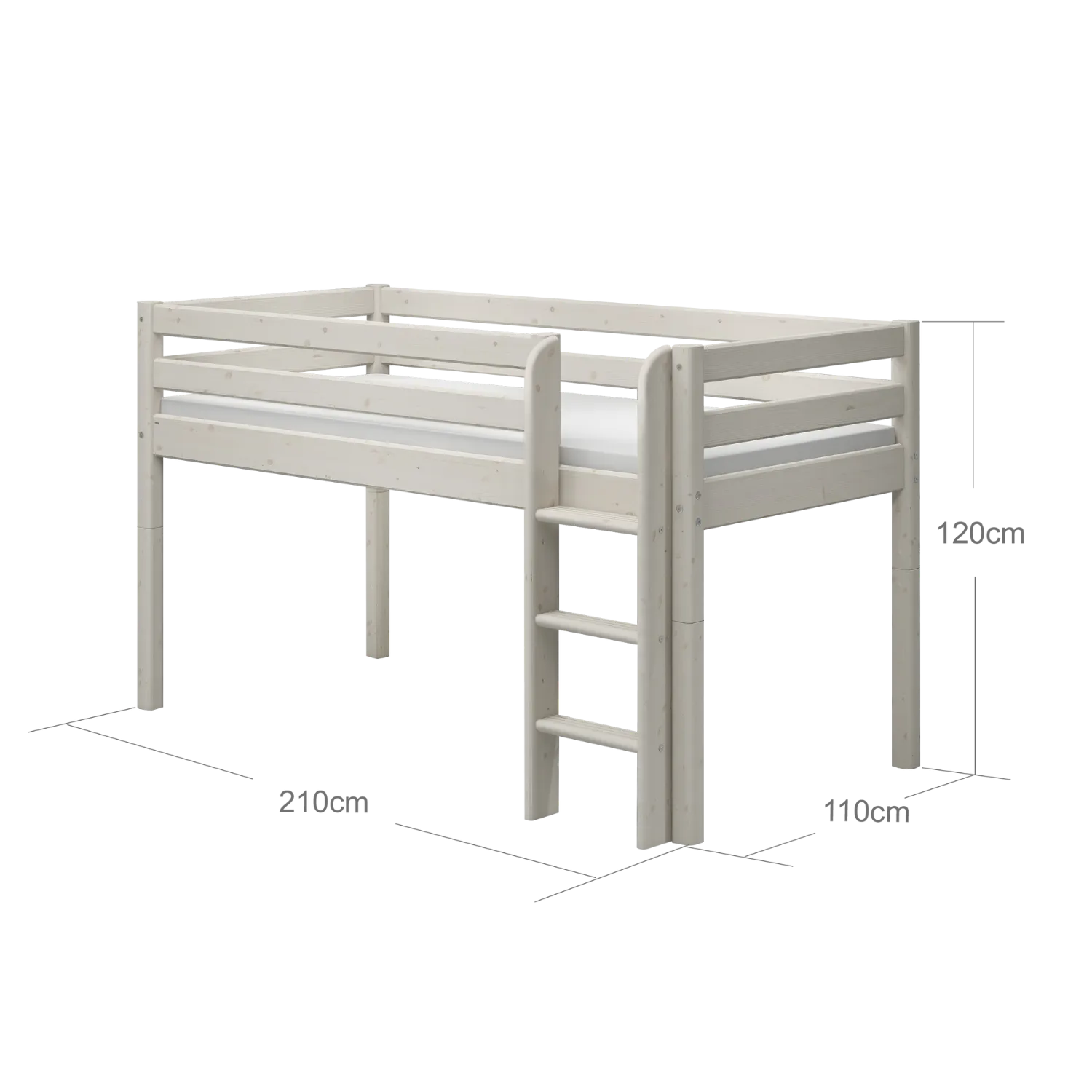 Mid-High Bed with Safety Rail and Ladder, 90x200 cm, White
