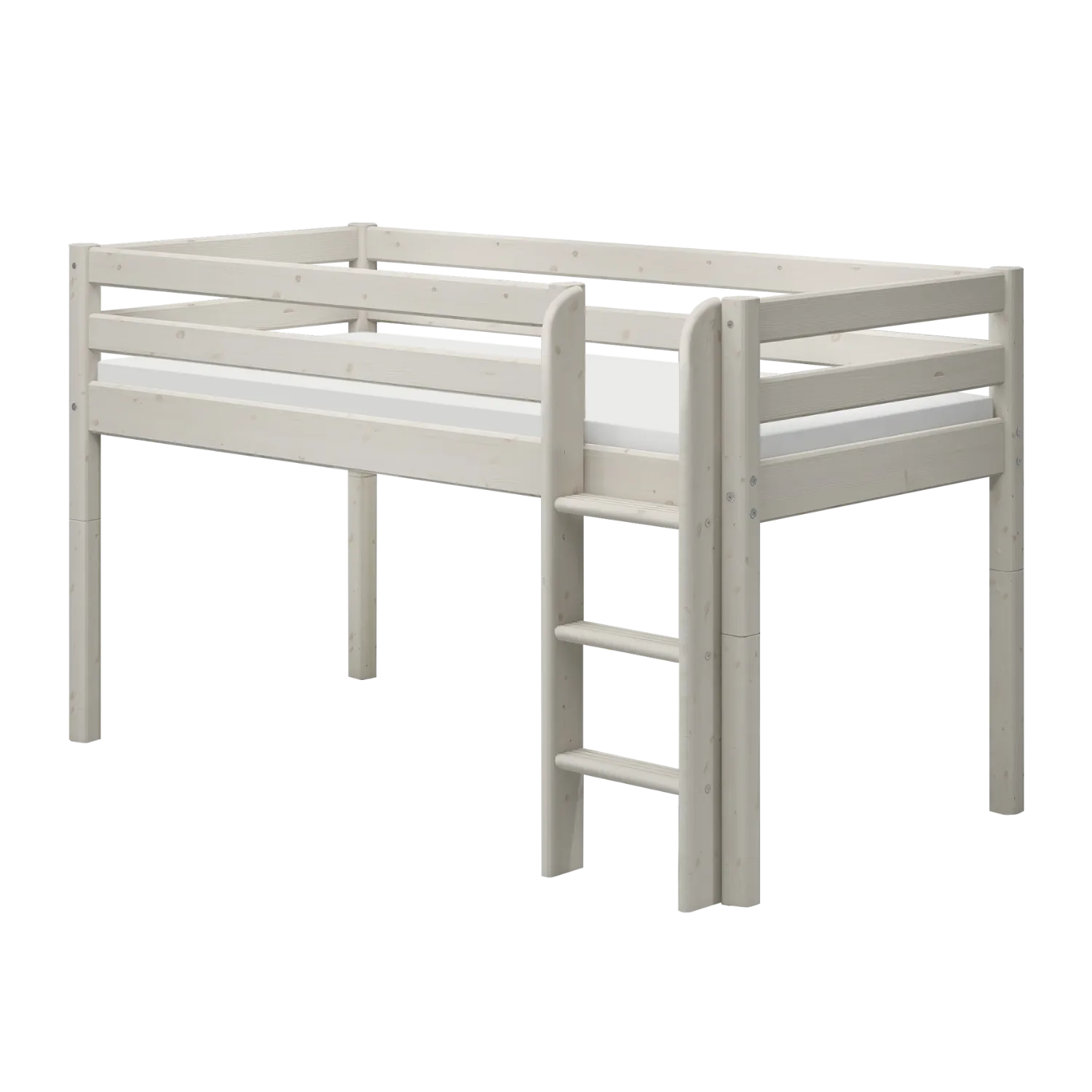 Mid-High Bed with Safety Rail and Ladder, 90x200 cm, White