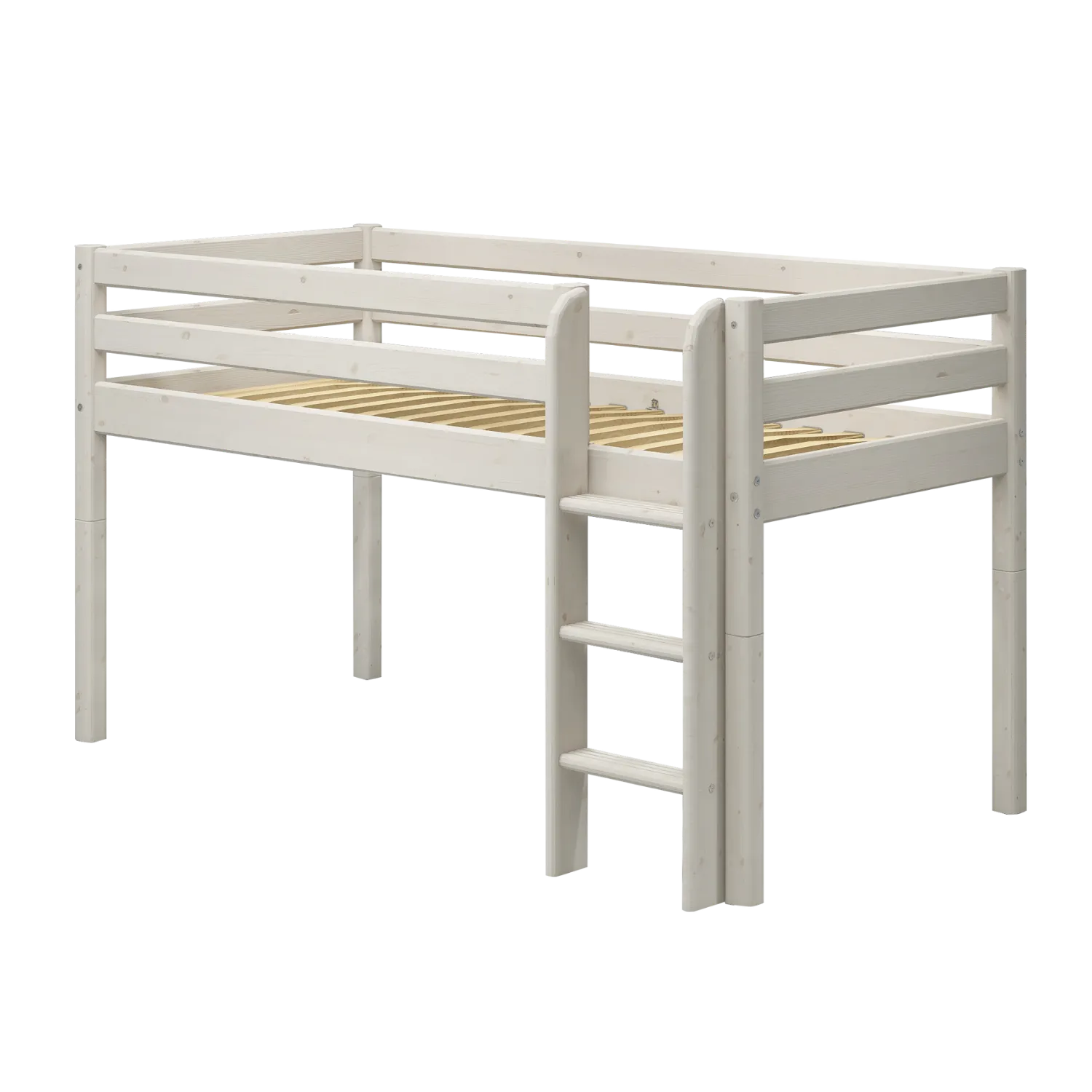 Mid-High Bed with Safety Rail and Ladder, 90x200 cm, White