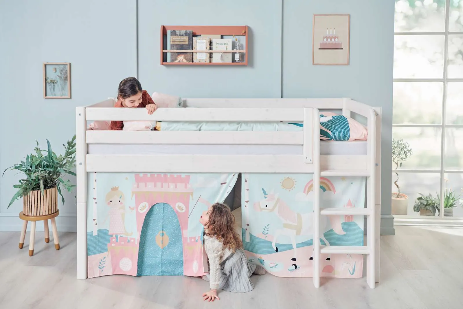 Mid-High Bed with Safety Rail and Ladder, 90x200 cm, White