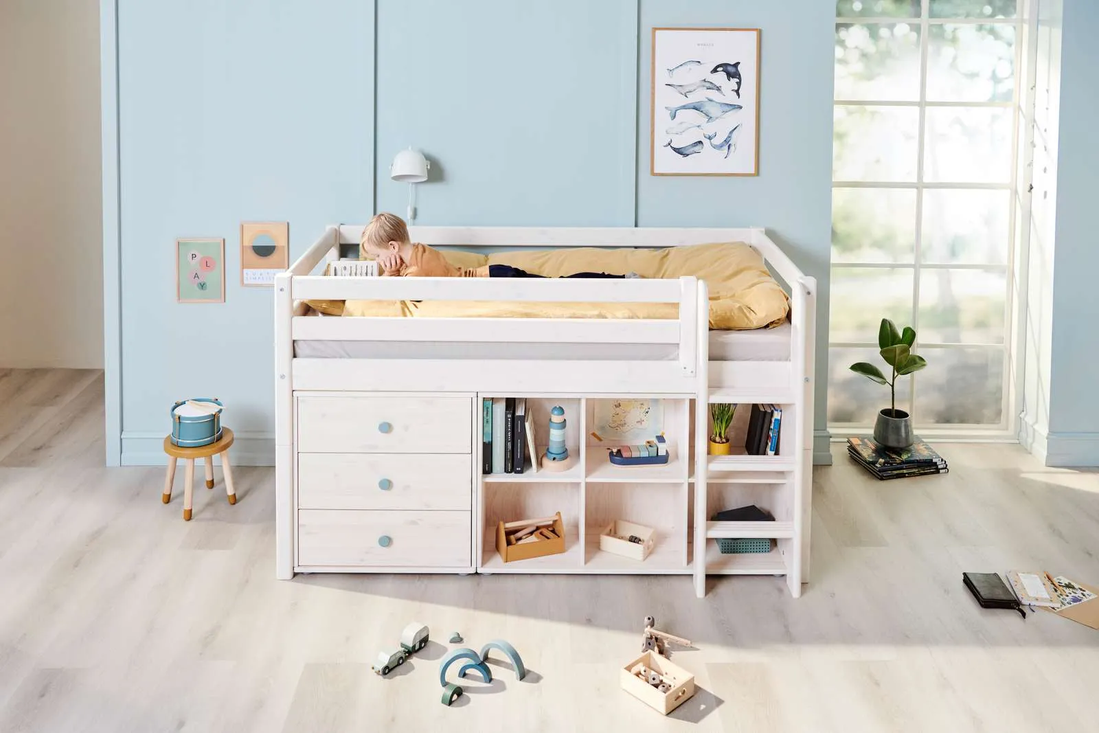 Mid-High Bed with Safety Rail and Ladder, 90x200 cm, White