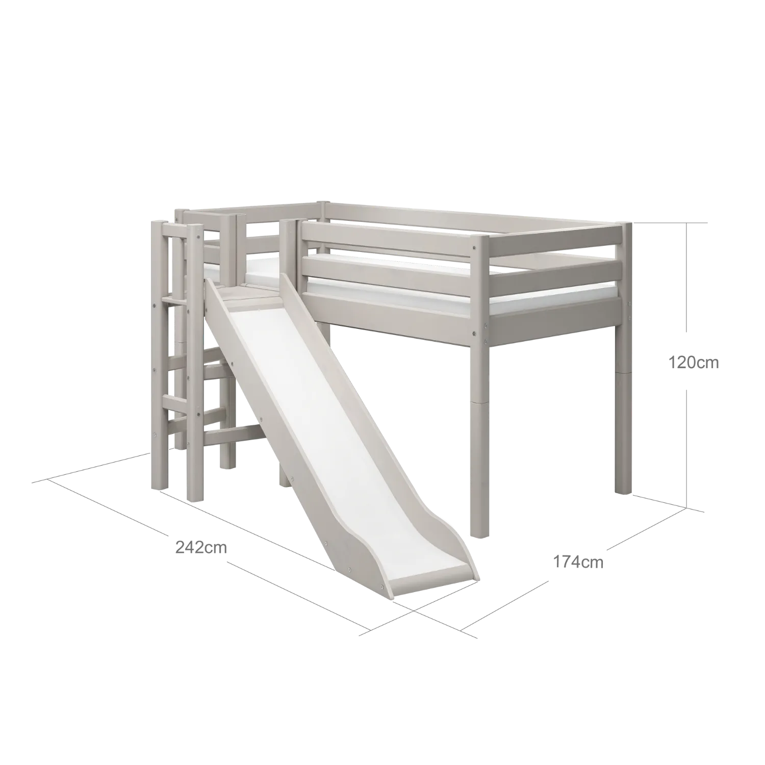 Mid-High Bed with Slide and Safety Rail, 90x200 cm, Grey