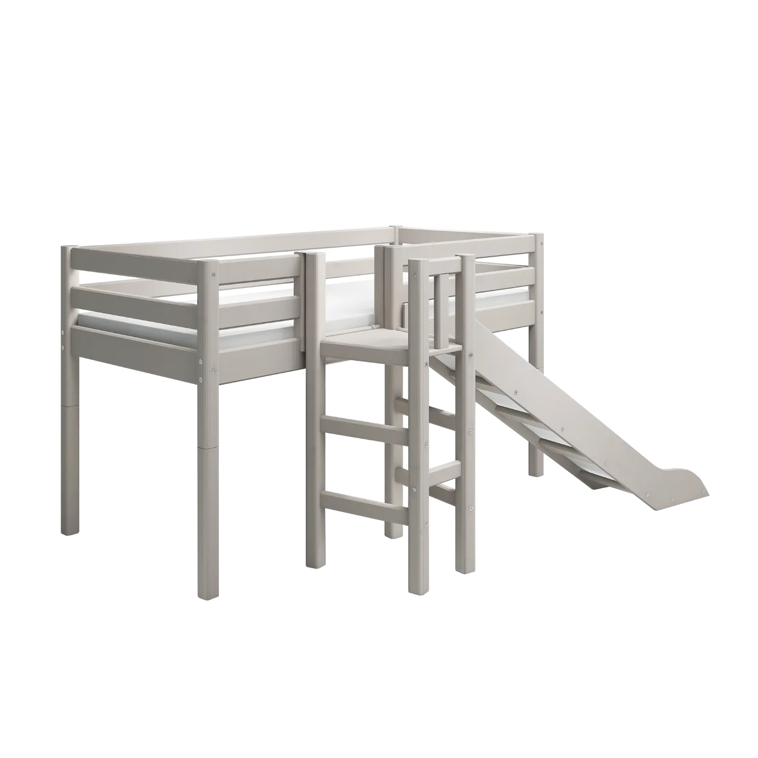 Mid-High Bed with Slide and Safety Rail, 90x200 cm, Grey
