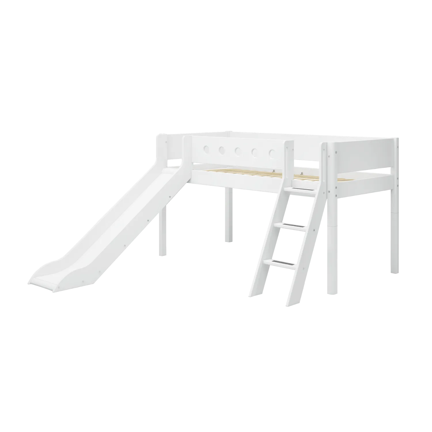Mid-High Bed with Slide, Ladder and Safety Rail, 90x200 cm, White