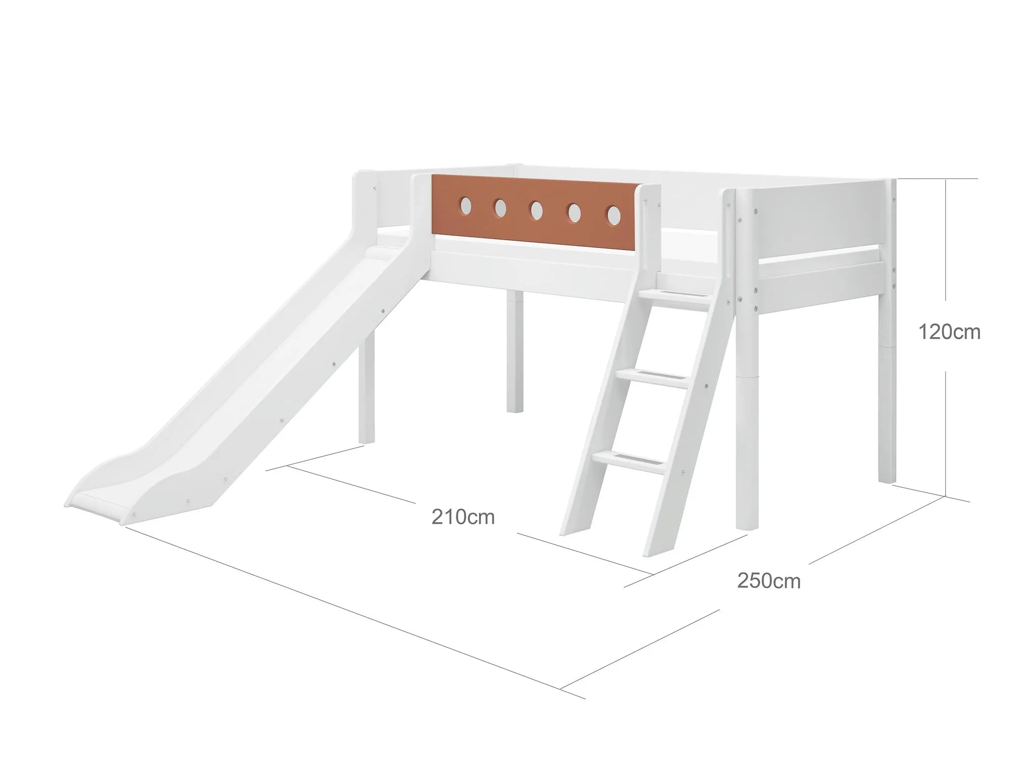 Mid-High Bed with Slide, Ladder and Safety Rail, 90x200 cm, White