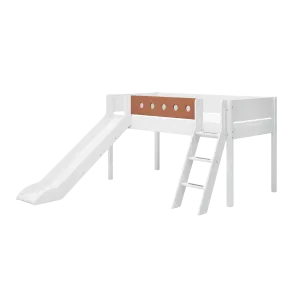 Mid-High Bed with Slide, Ladder and Safety Rail, 90x200 cm, White