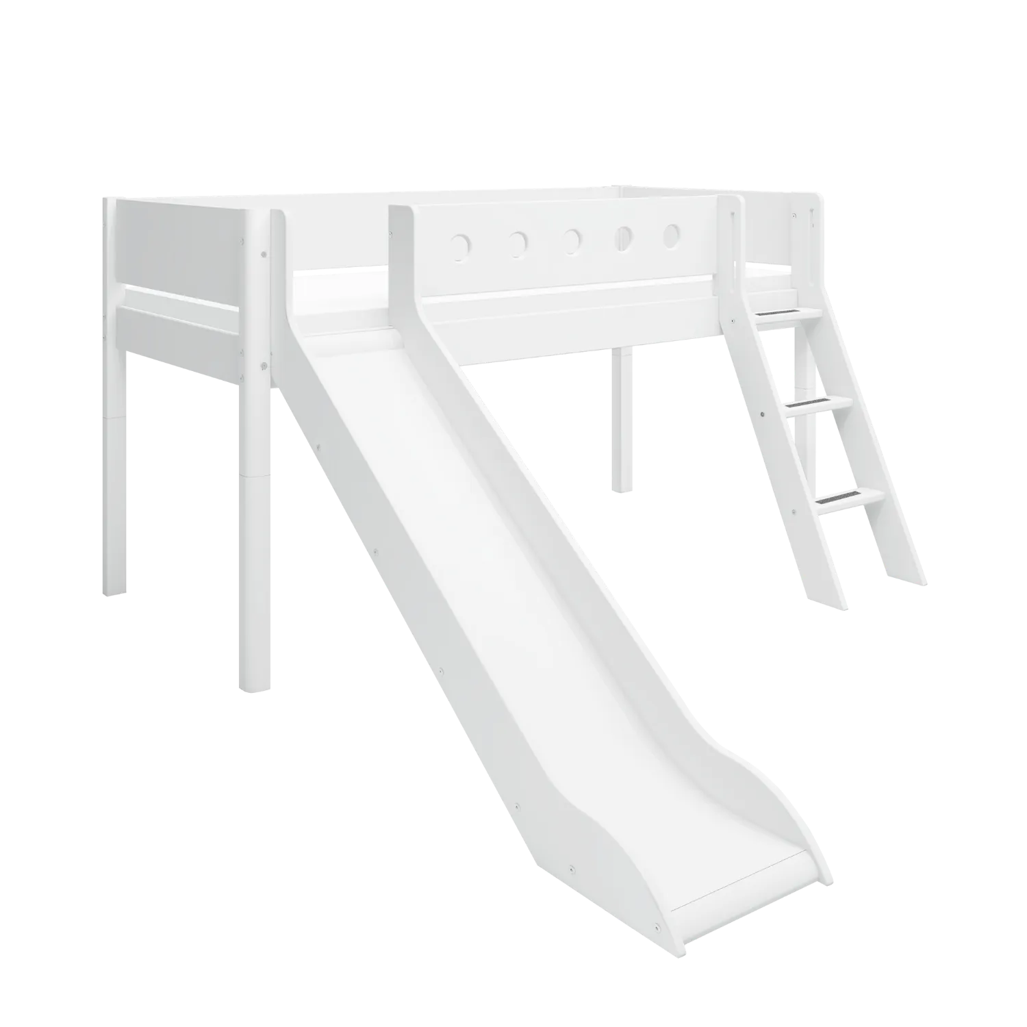 Mid-High Bed with Slide, Ladder and Safety Rail, 90x200 cm, White