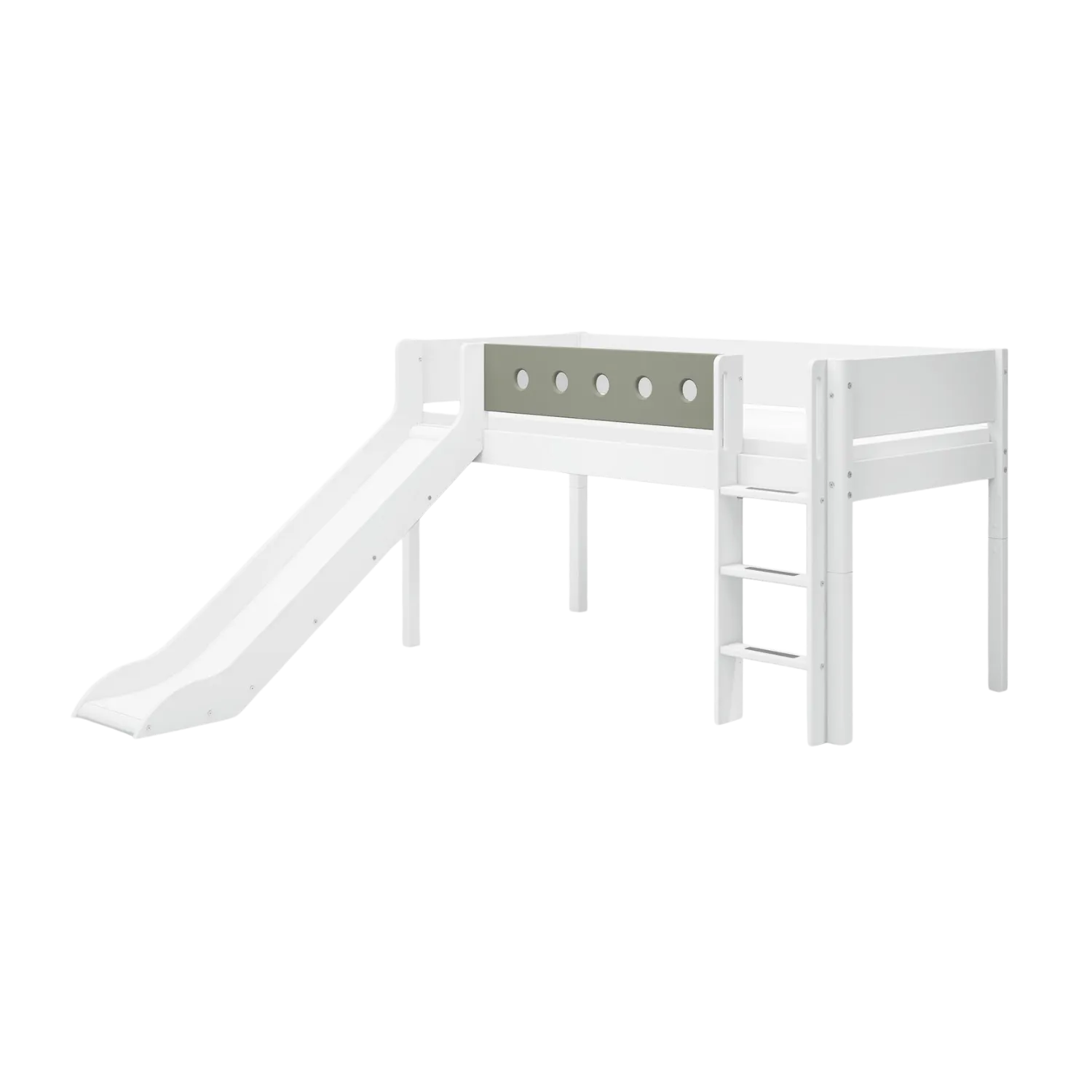 Mid-High Bed with Slide, Ladder and Safety Rail, 90x200 cm, White