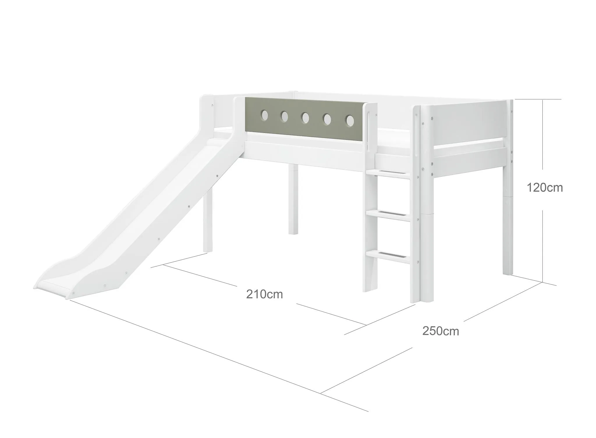Mid-High Bed with Slide, Ladder and Safety Rail, 90x200 cm, White