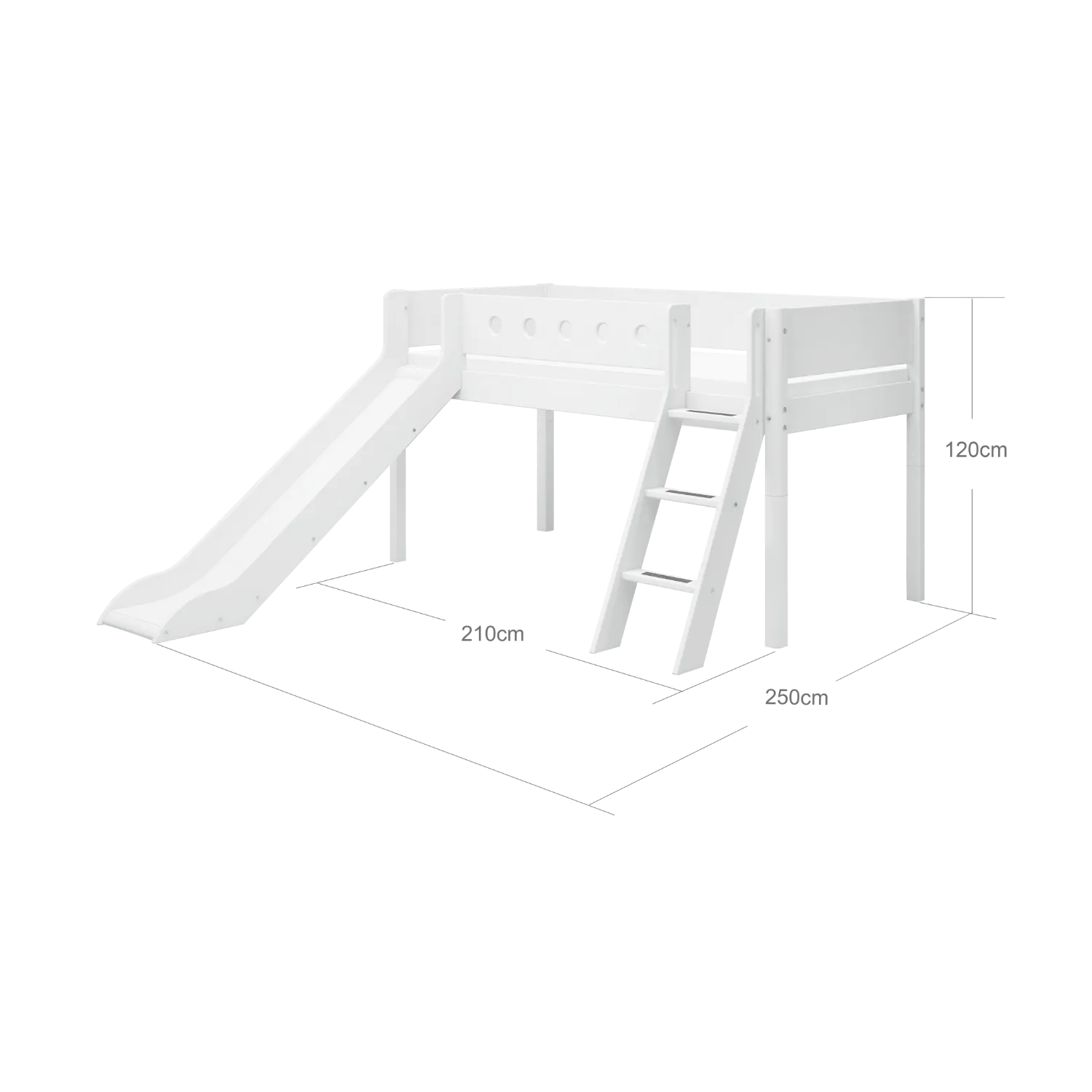 Mid-High Bed with Slide, Ladder and Safety Rail, 90x200 cm, White