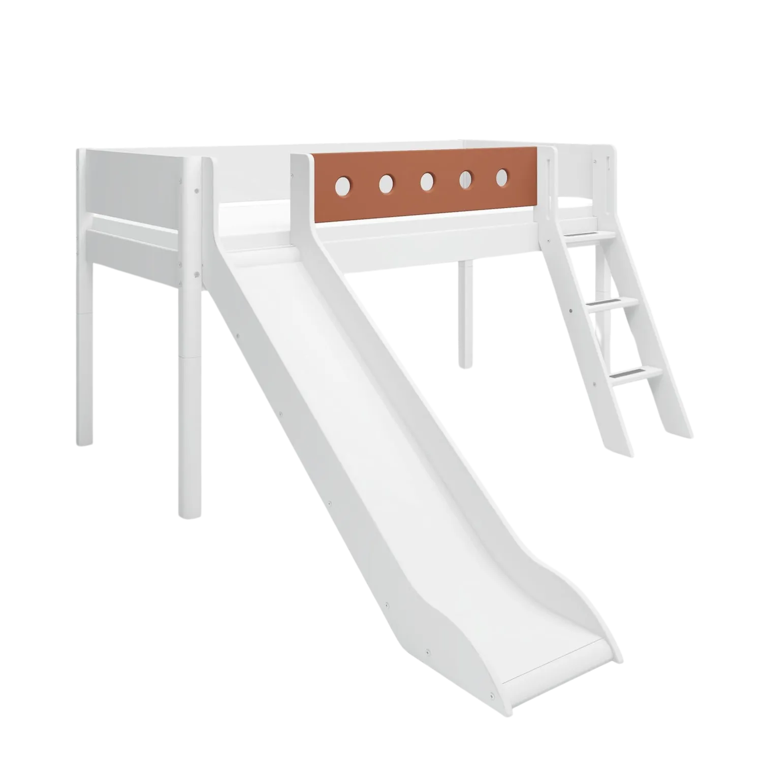 Mid-High Bed with Slide, Ladder and Safety Rail, 90x200 cm, White