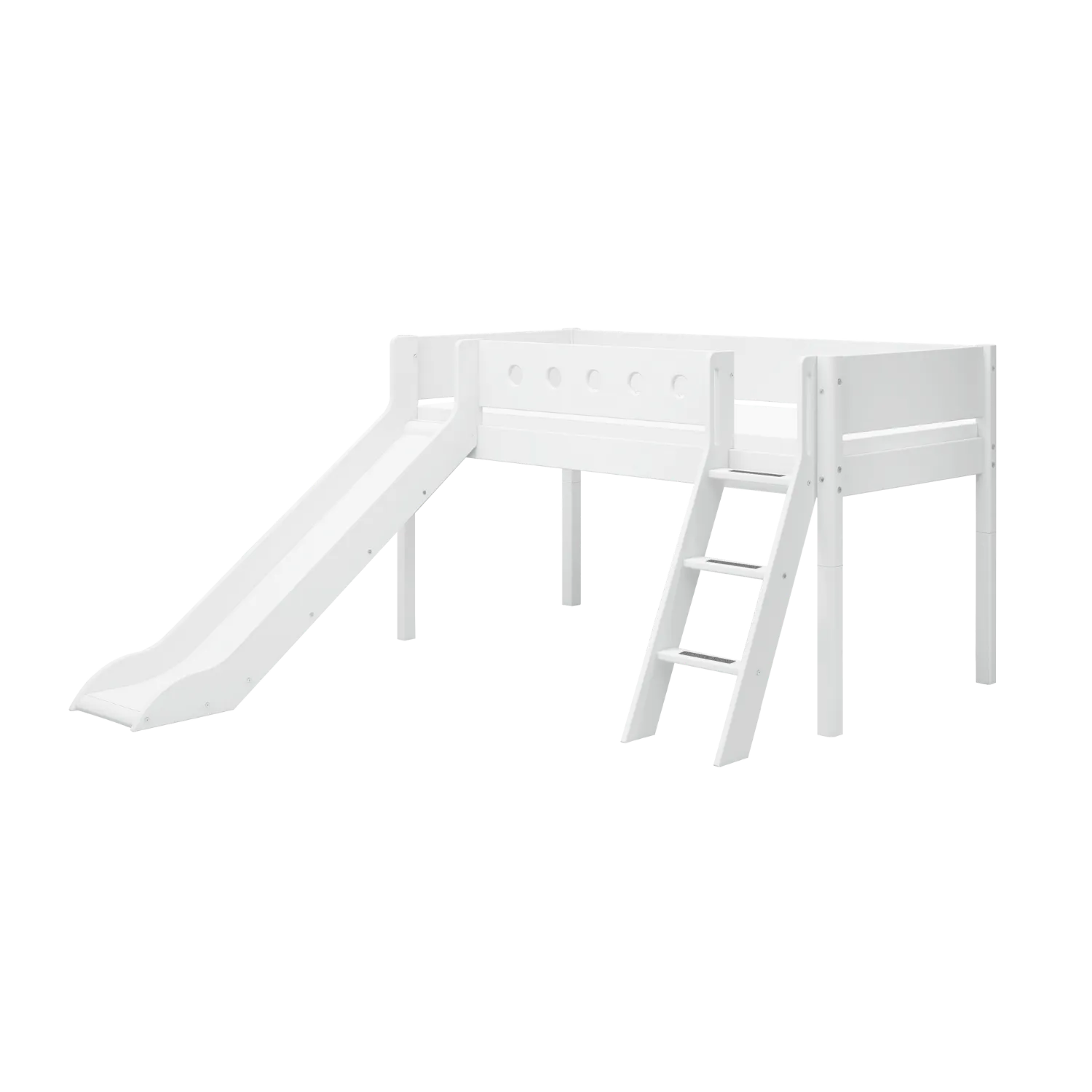 Mid-High Bed with Slide, Ladder and Safety Rail, 90x200 cm, White