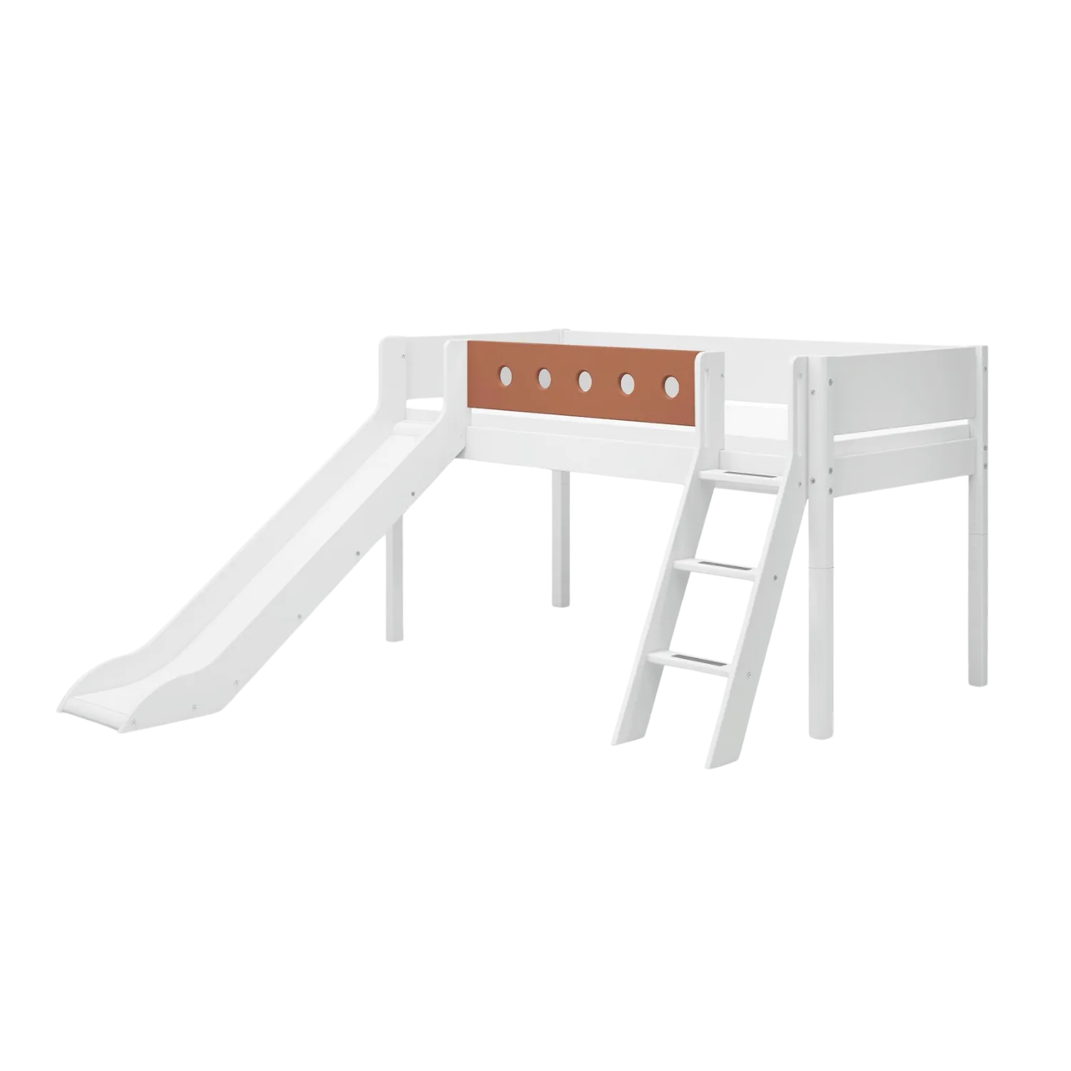 Mid-High Bed with Slide, Ladder and Safety Rail, 90x200 cm, White