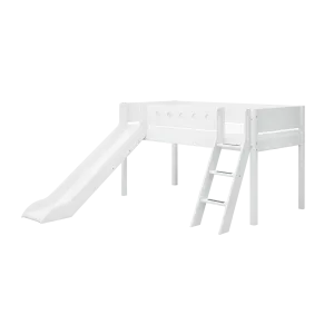 Mid-High Bed with Slide, Ladder and Safety Rail, 90x200 cm, White