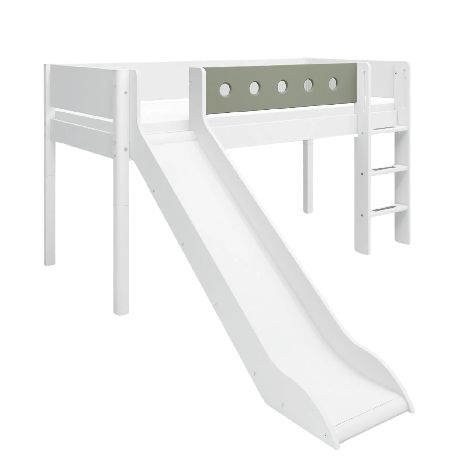 Mid-High Bed with Slide, Ladder and Safety Rail, 90x200 cm, White