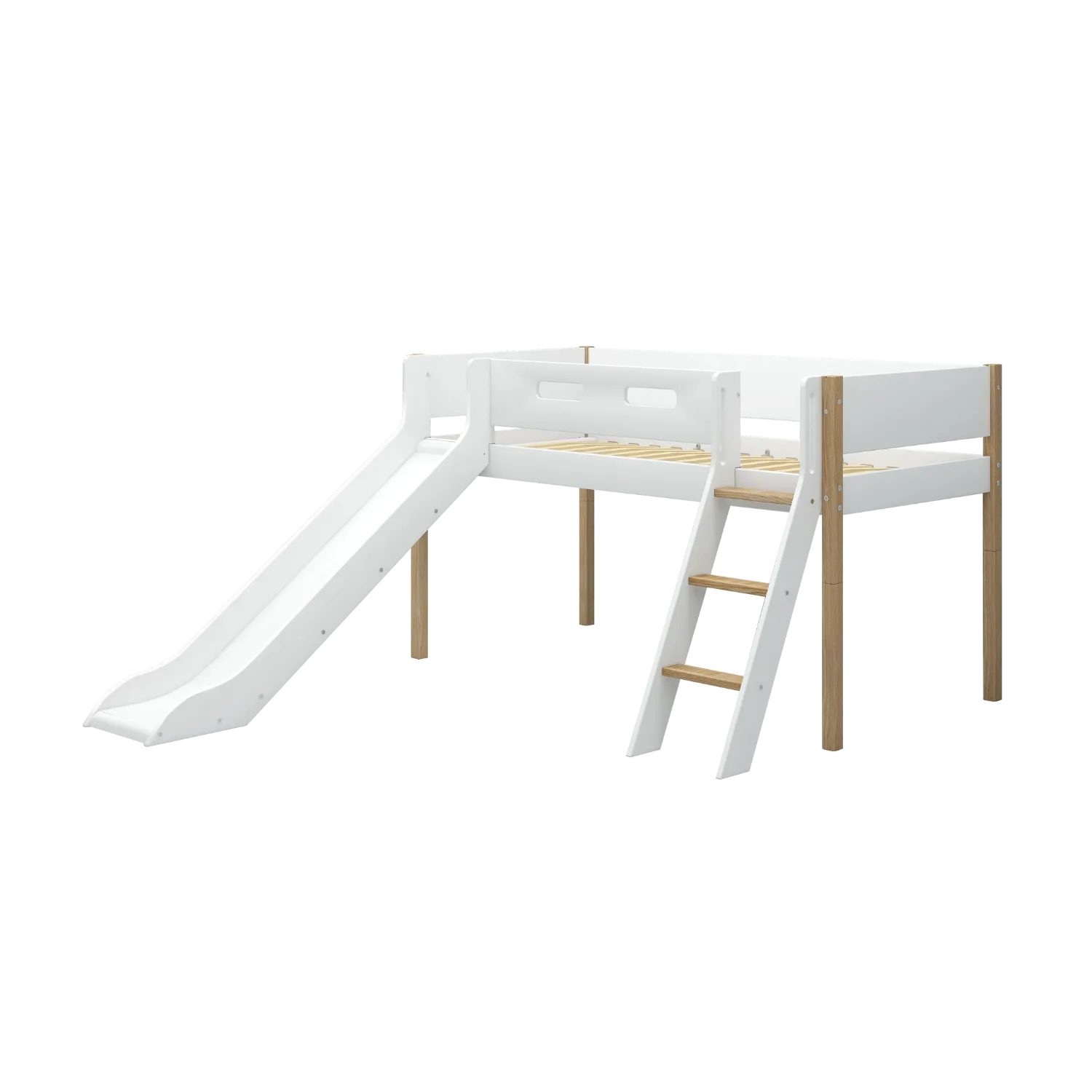 Mid-High Bed with Slide, Ladder and Safety Rail, 90x200 cm, White/Oak