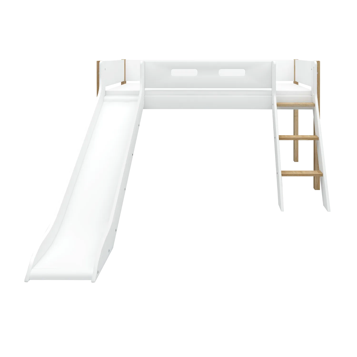 Mid-High Bed with Slide, Ladder and Safety Rail, 90x200 cm, White/Oak