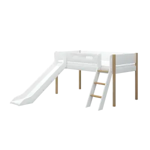 Mid-High Bed with Slide, Ladder and Safety Rail, 90x200 cm, White/Oak