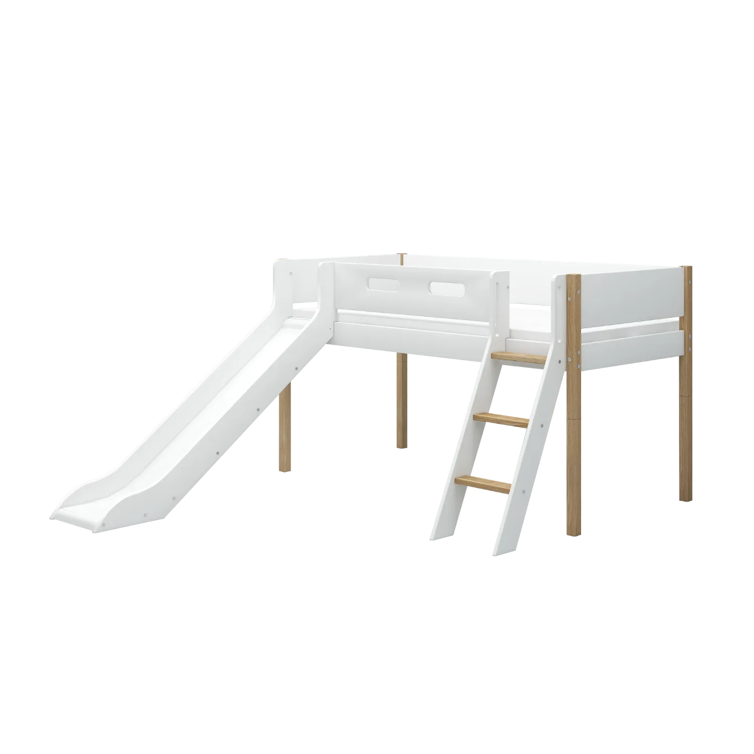Mid-High Bed with Slide, Ladder and Safety Rail, 90x200 cm, White/Oak